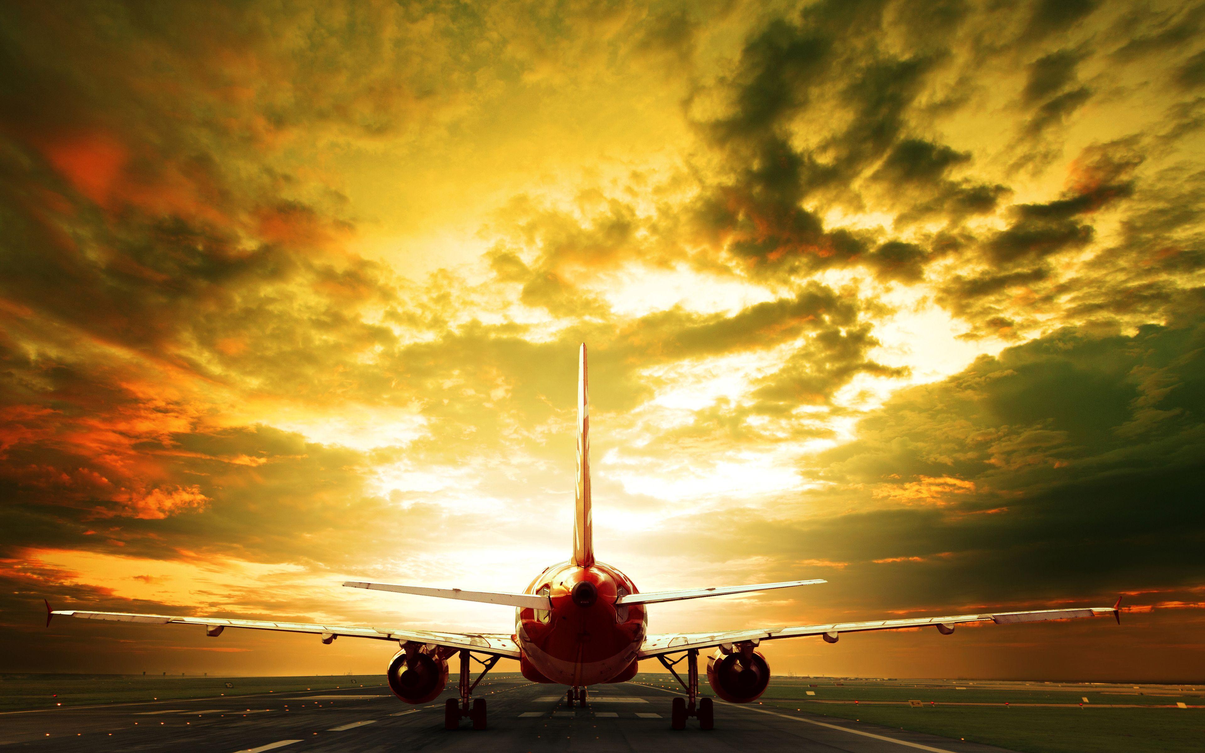 3840x2400 Download wallpaper passenger plane, 4k, sunset, airliner, landing strip for desktop with resolution 3840x2400. High Quality HD picture wallpaper