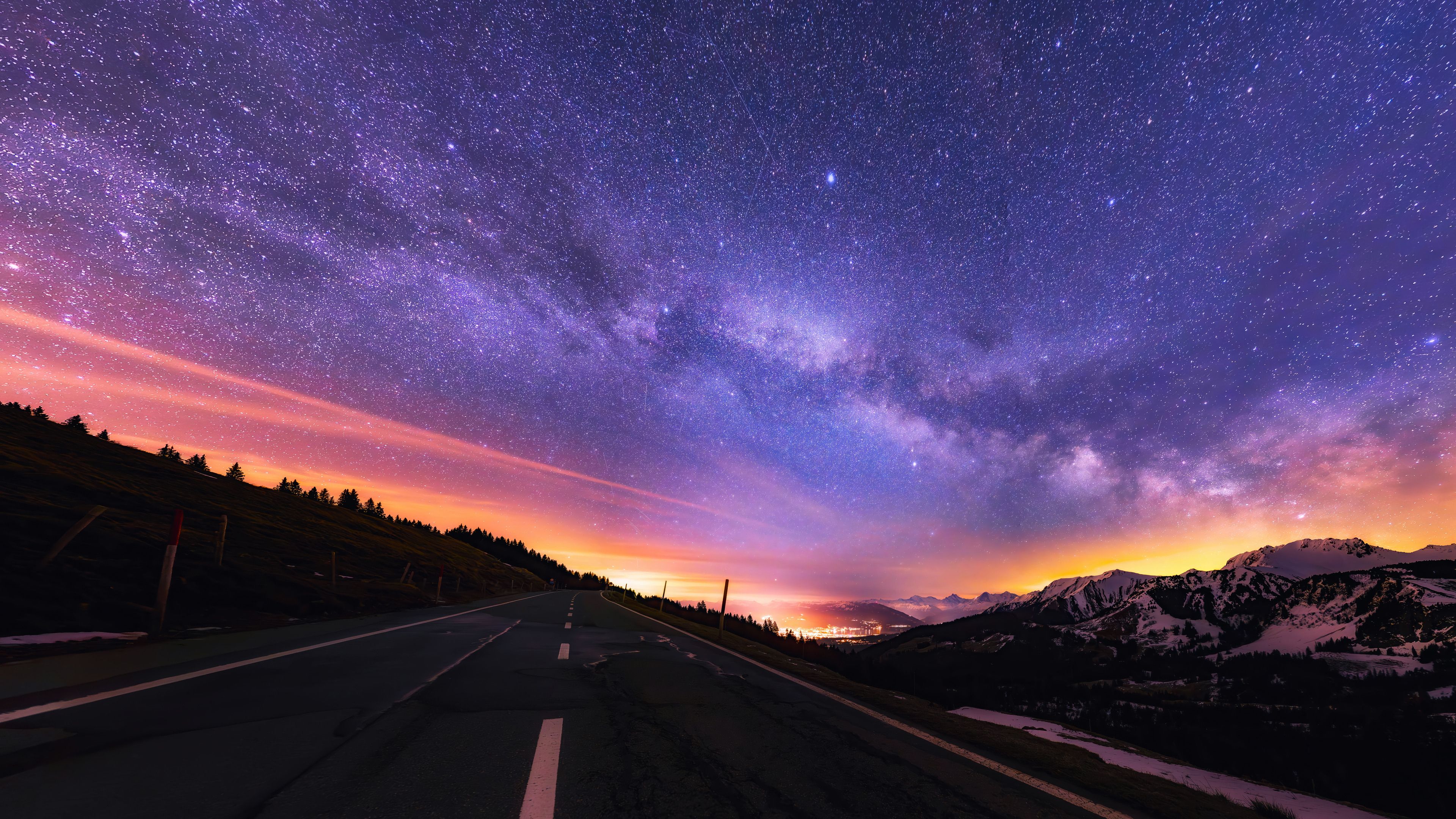 3840x2160 Night Sky Starry Stars Road Scenery Wallpaper 4K HD PC i