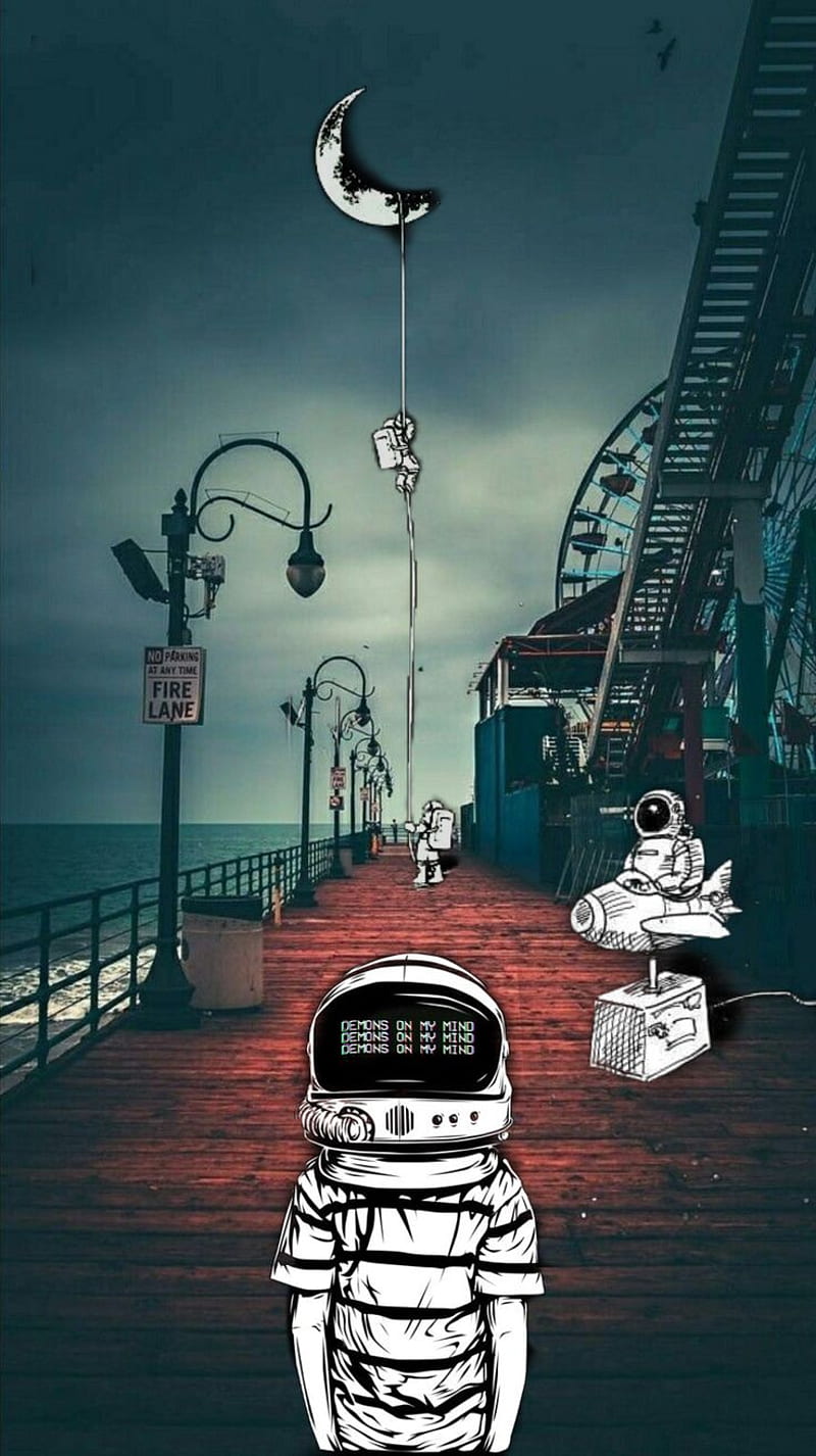 800x1426 Space man, abstracto, astronaut, moon, pez, s vintage, HD phone wallpaper