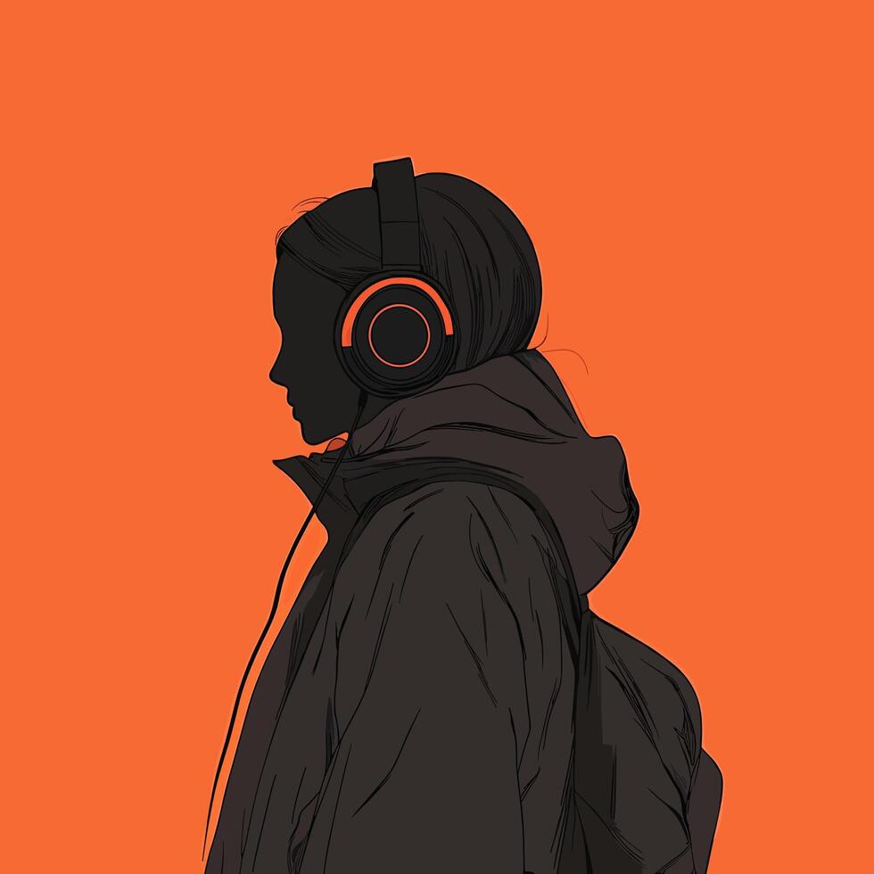980x980 Girl Listening to Music with Headphones, Orange Background Illustration