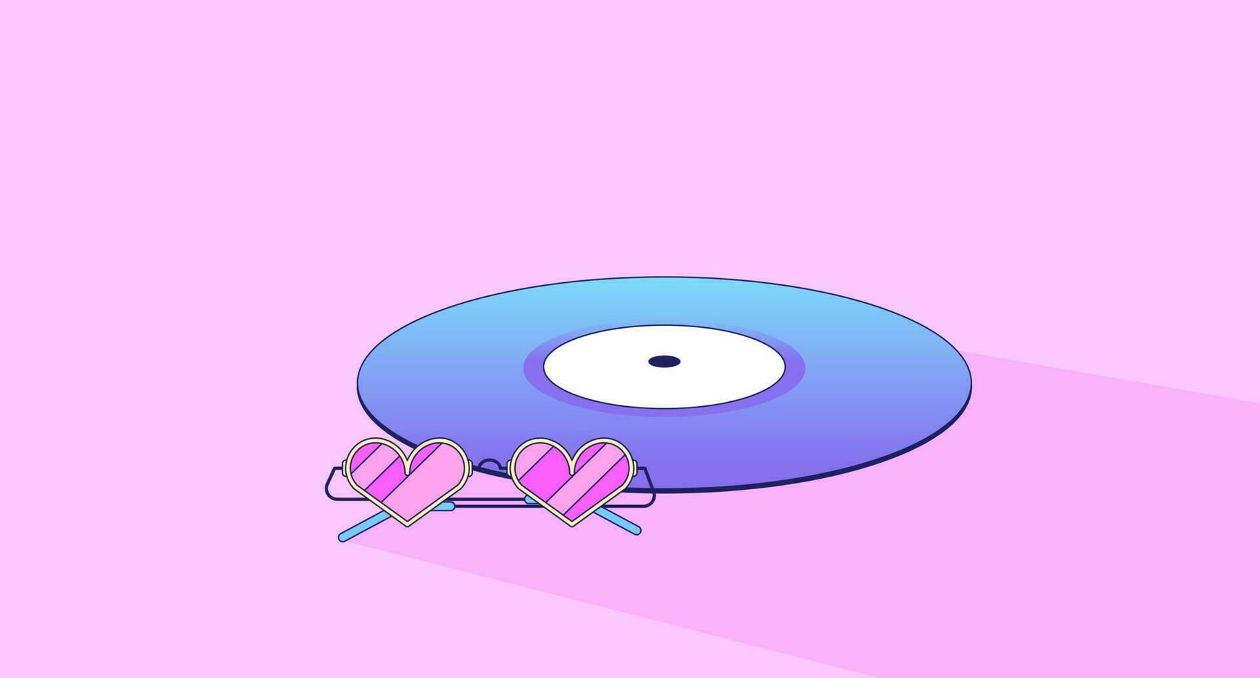 1820x980 Compact disc with heart shaped glasses lo fi chill wallpaper. Cd, vinyl music with sunglasses 2D vector cartoon object illustration, vaporwave background. 80s retro album art, synthwave aesthetics 23870225 Vector Art