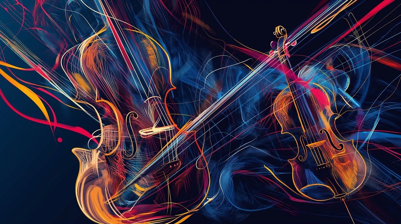 1344x753 Free picture: Abstract digital orchestration with a violin and cello music instruments