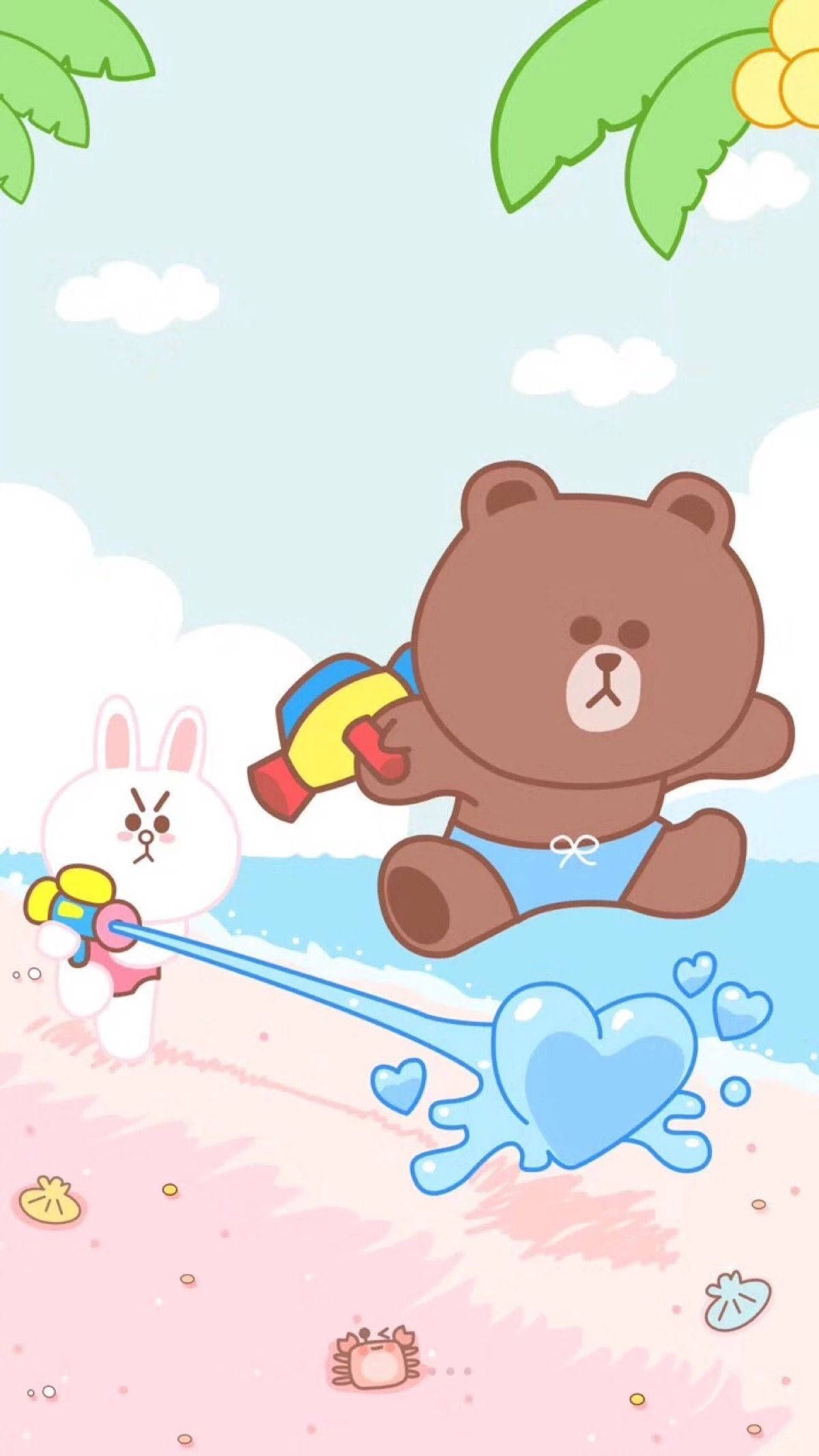 1200x2133 Download Brown and Cony are enjoying a fun day at the beach playing games with Line Friends! Wallpaper