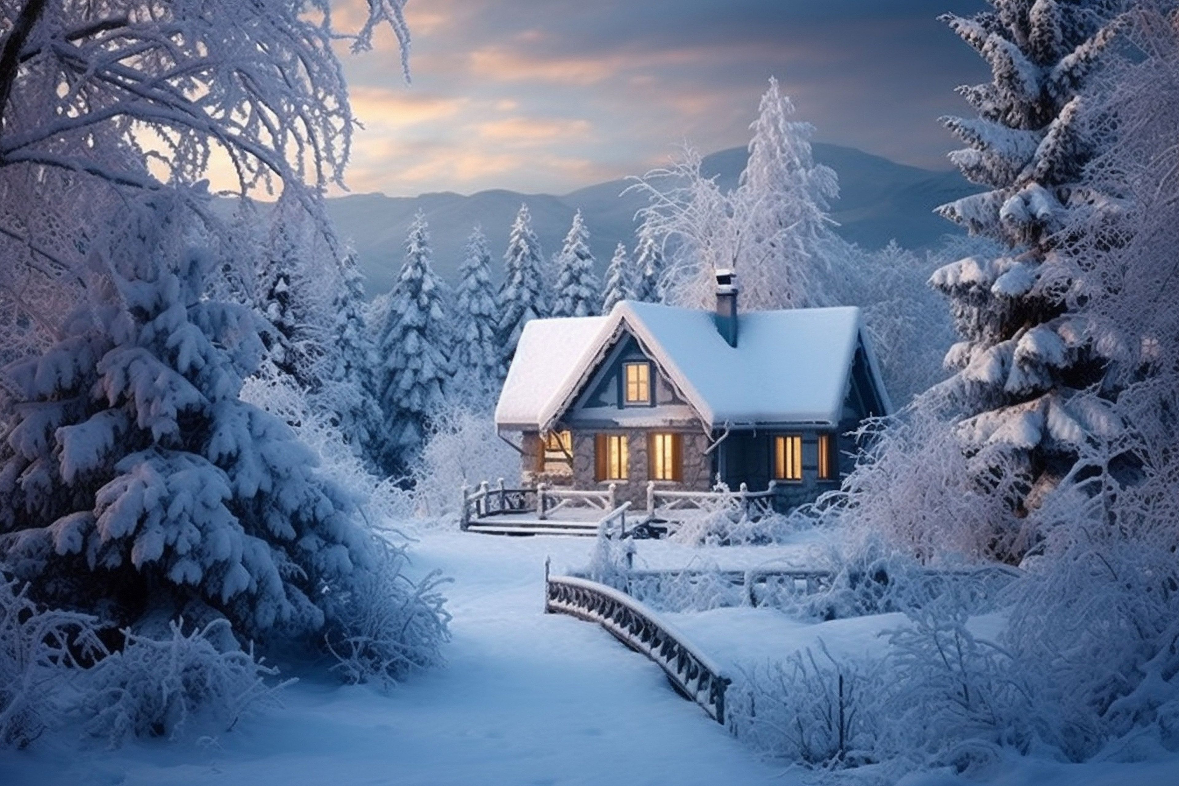 3840x2560 Wallpaper snow, rustic, forest, hut, winter, house, frost, cabin for mobile and desktop, section пейзажи, resolution 3840x2560