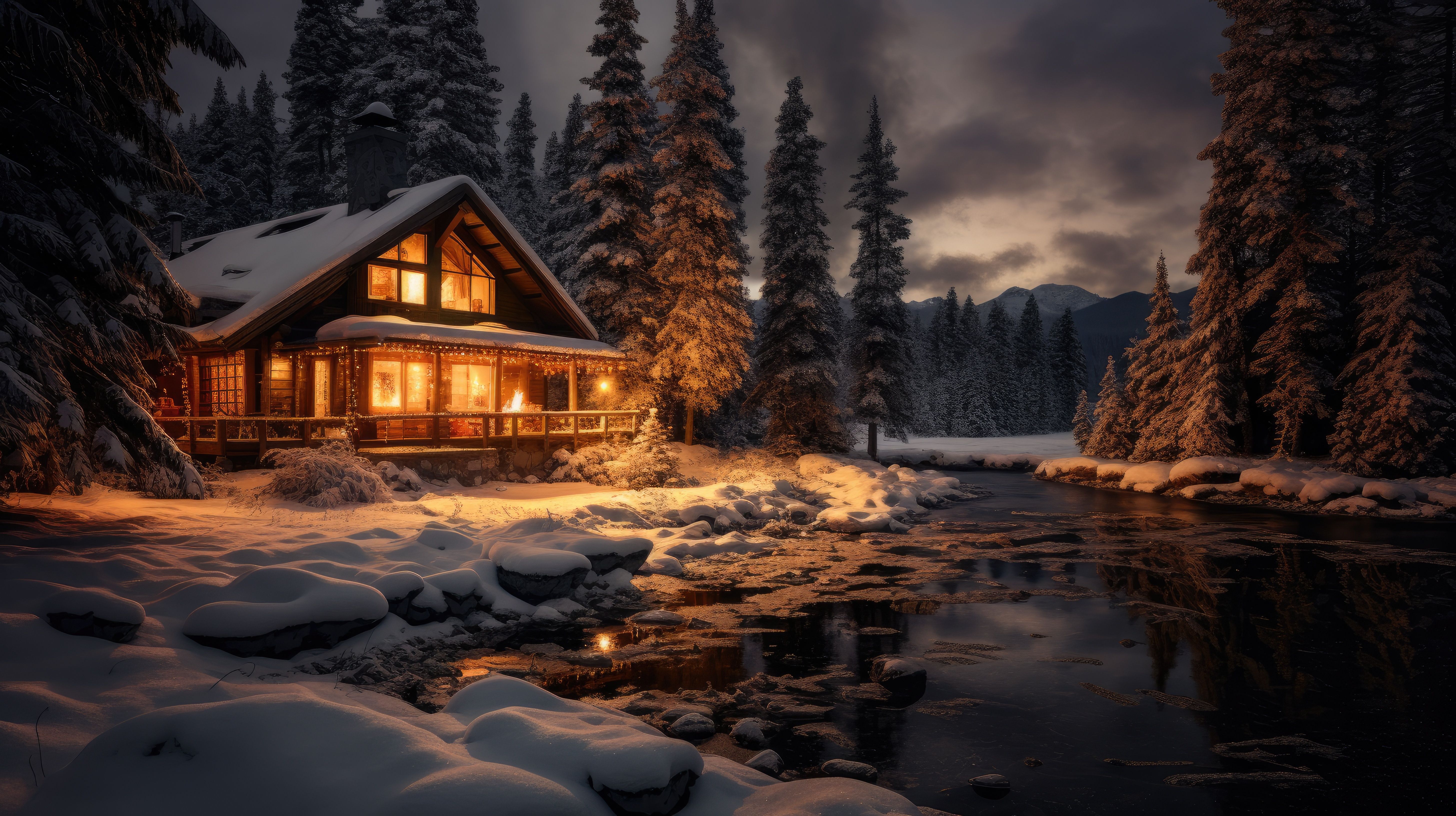 5824x3264 Wallpaper cozy, snow, winter, cabin, tree, house, night, night for mobile and desktop, section пейзажи, resolution 5824x3264