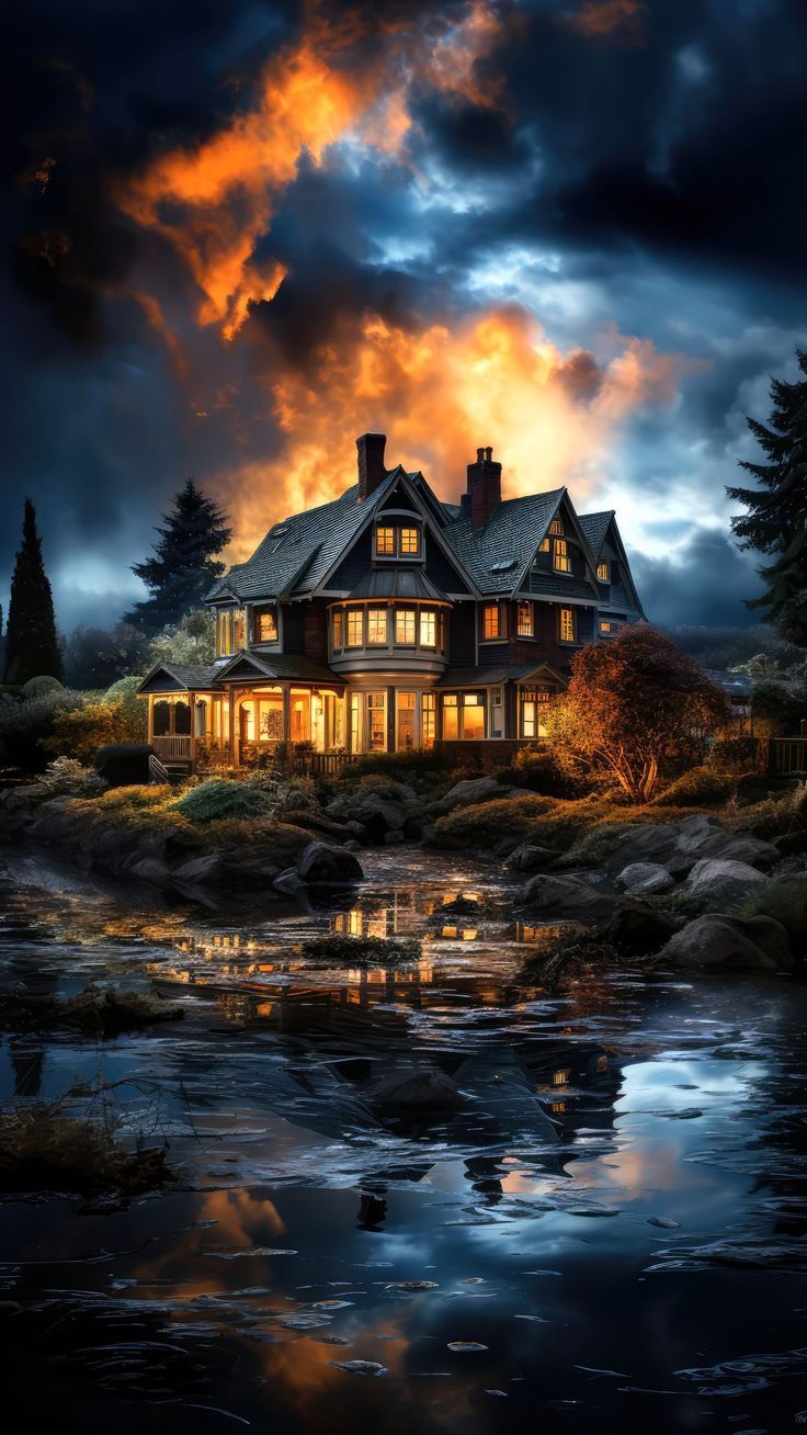 736x1308 Free background 4k, HD wallpaper house, windows, light, pond, clouds, evening, art HD pc & mobile