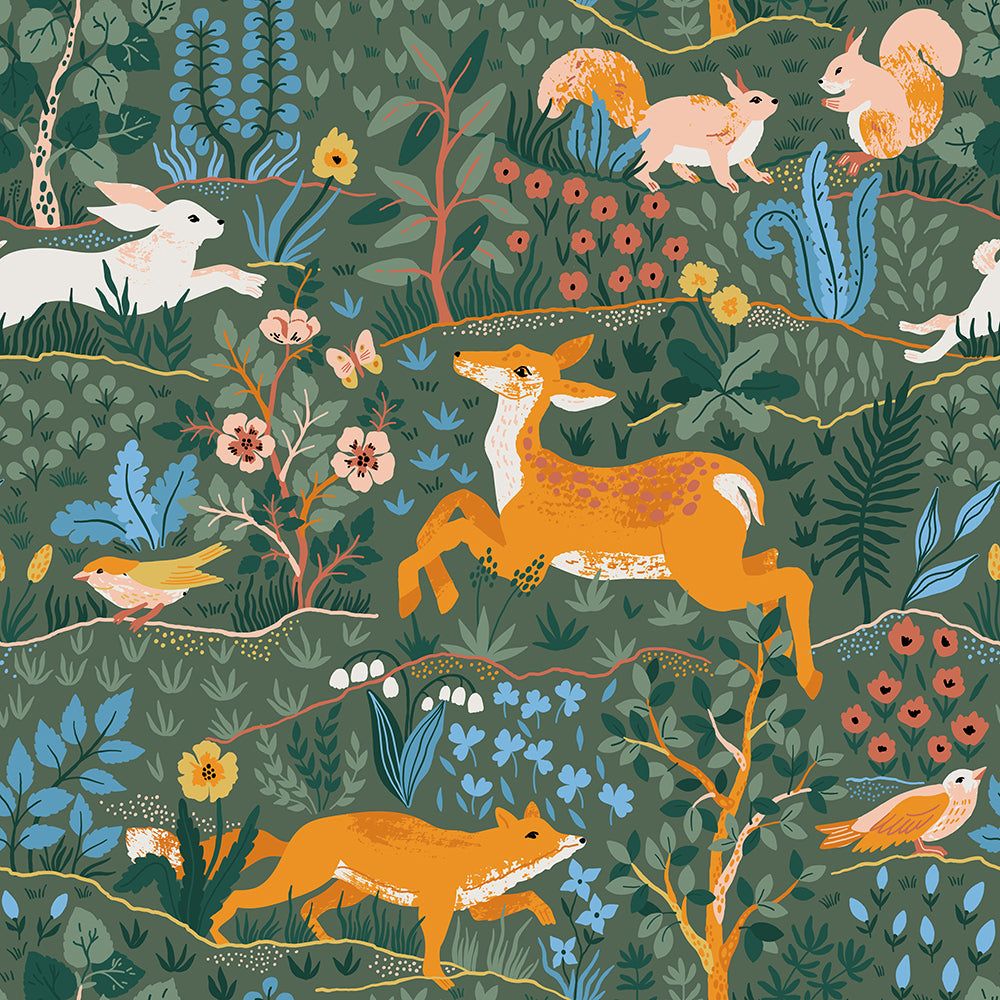 1000x1000 Green Forest Animal Wallpaper with Deer, Fox & Birds
