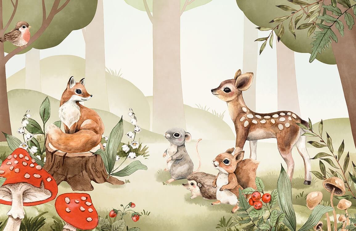 1155x750 Enchanting Woodland Creatures Wall Mural with Forest Animals and Mushrooms