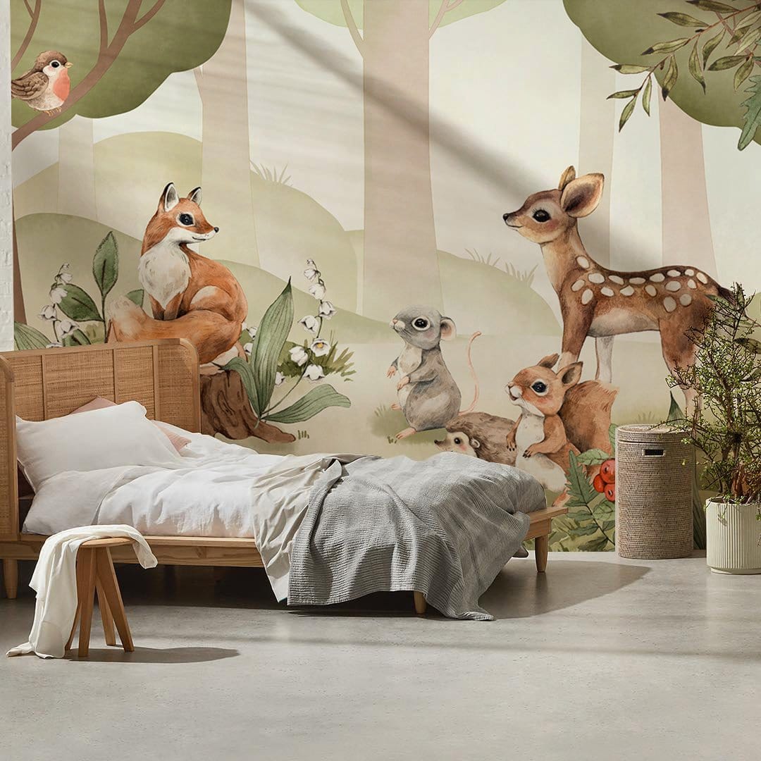 1080x1080 Enchanting Woodland Creatures Wall Mural with Forest Animals and Mushrooms