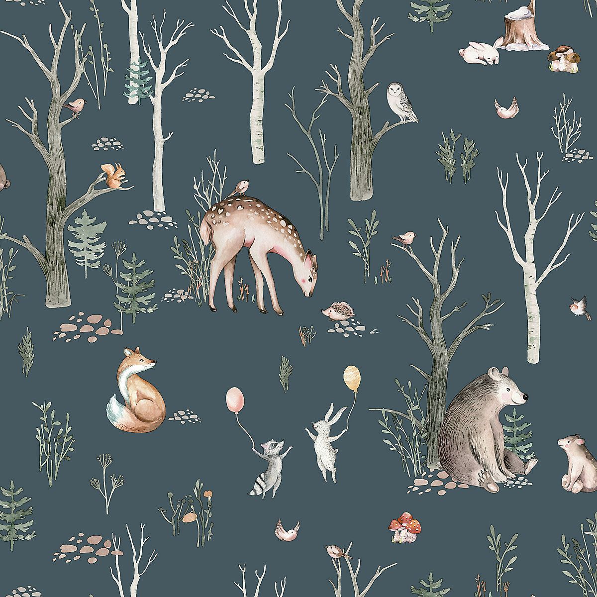 1200x1200 GoodHome Iris Grey Forest animals Textured Wallpaper