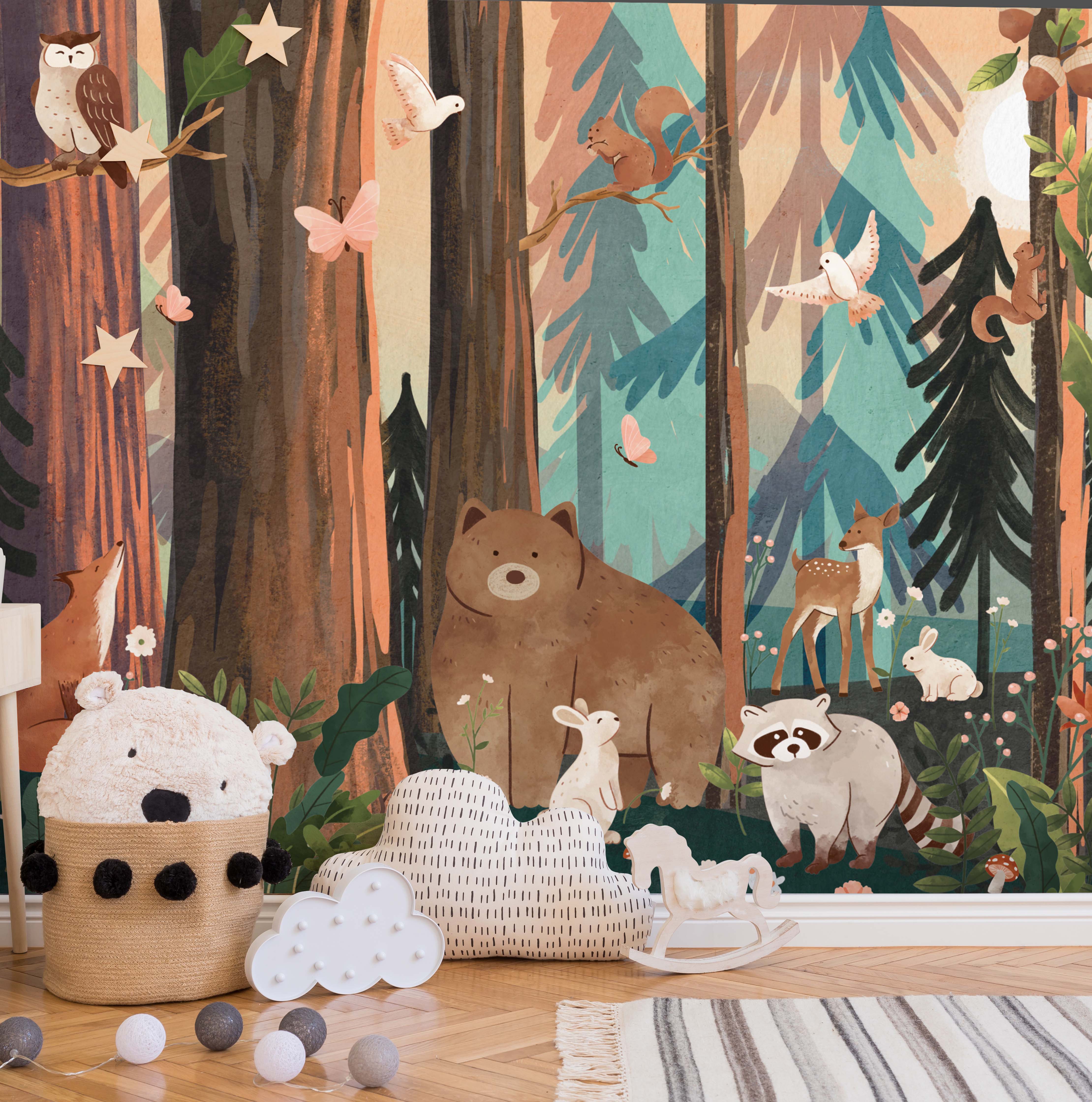 4439x4480 NEW! Peel and Stick Woodland Forest Animals Nursery Baby Removable Wallpaper Bear Mountains Deer Rabbit Flowers Fox
