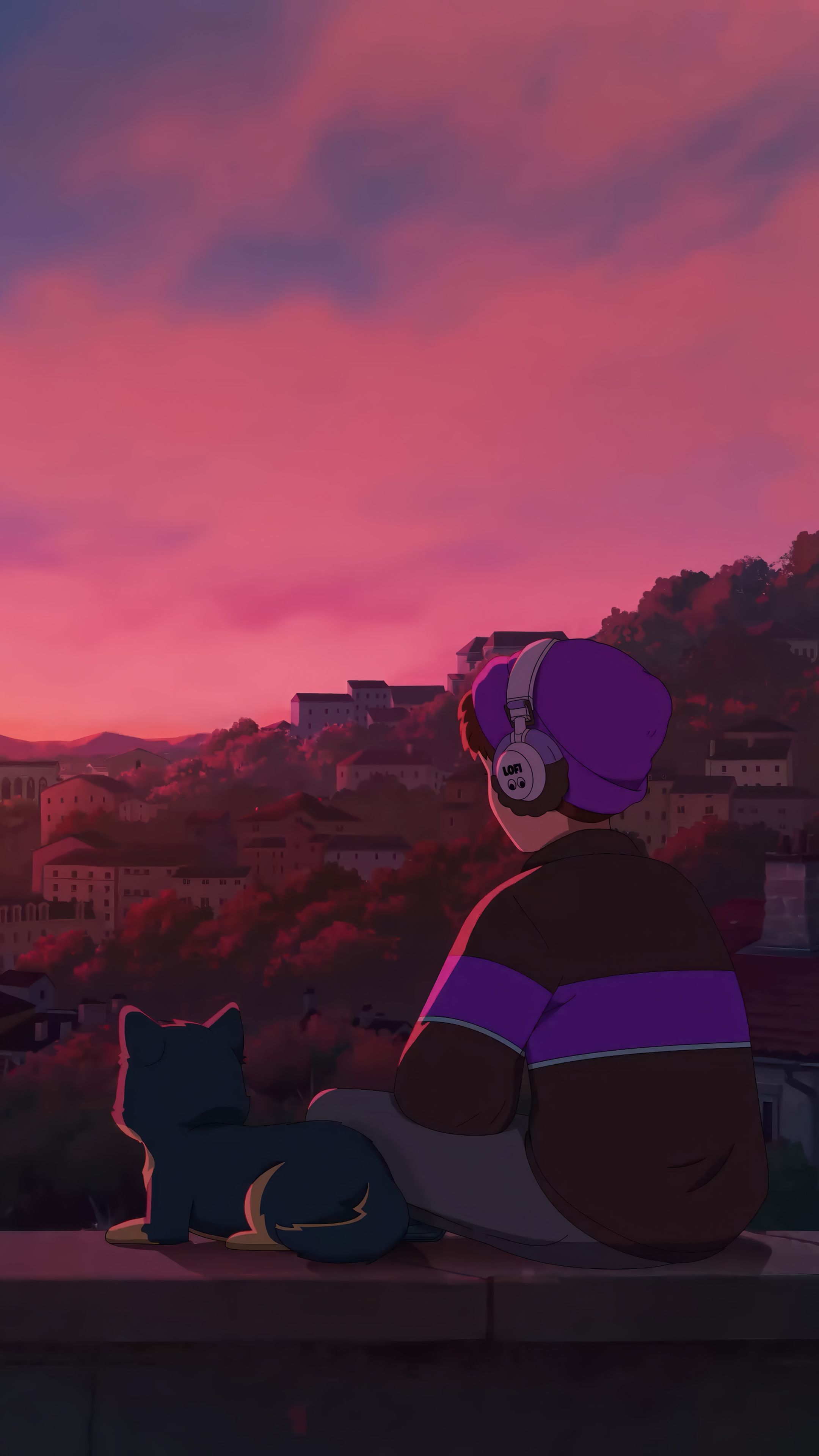 2160x3840 Lofi Boy Cat Sunset Wallpaper 4K HD PC f