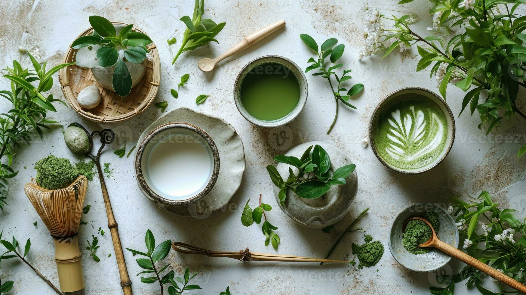 1749x980 AI generated Vegan Matcha Latte Preparation with Oat Milk Flat Lay