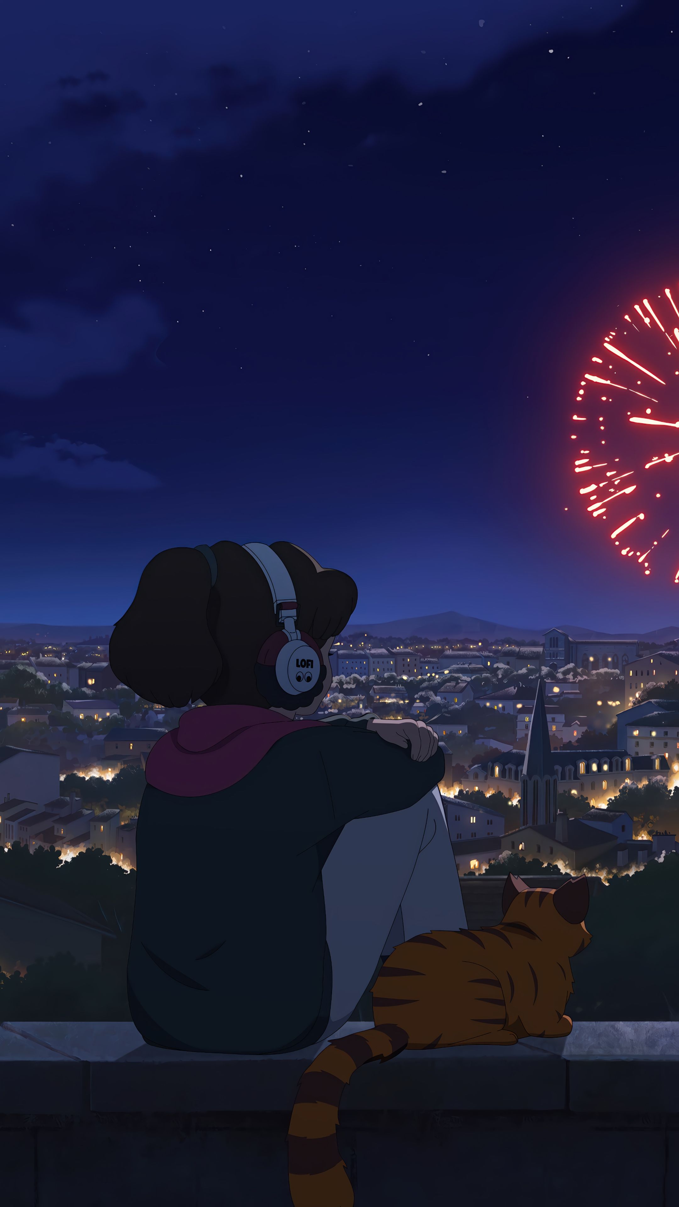 2160x3840 Lofi Girl Cat Night Fireworks 4K Wallpaper iPhone HD Phone f