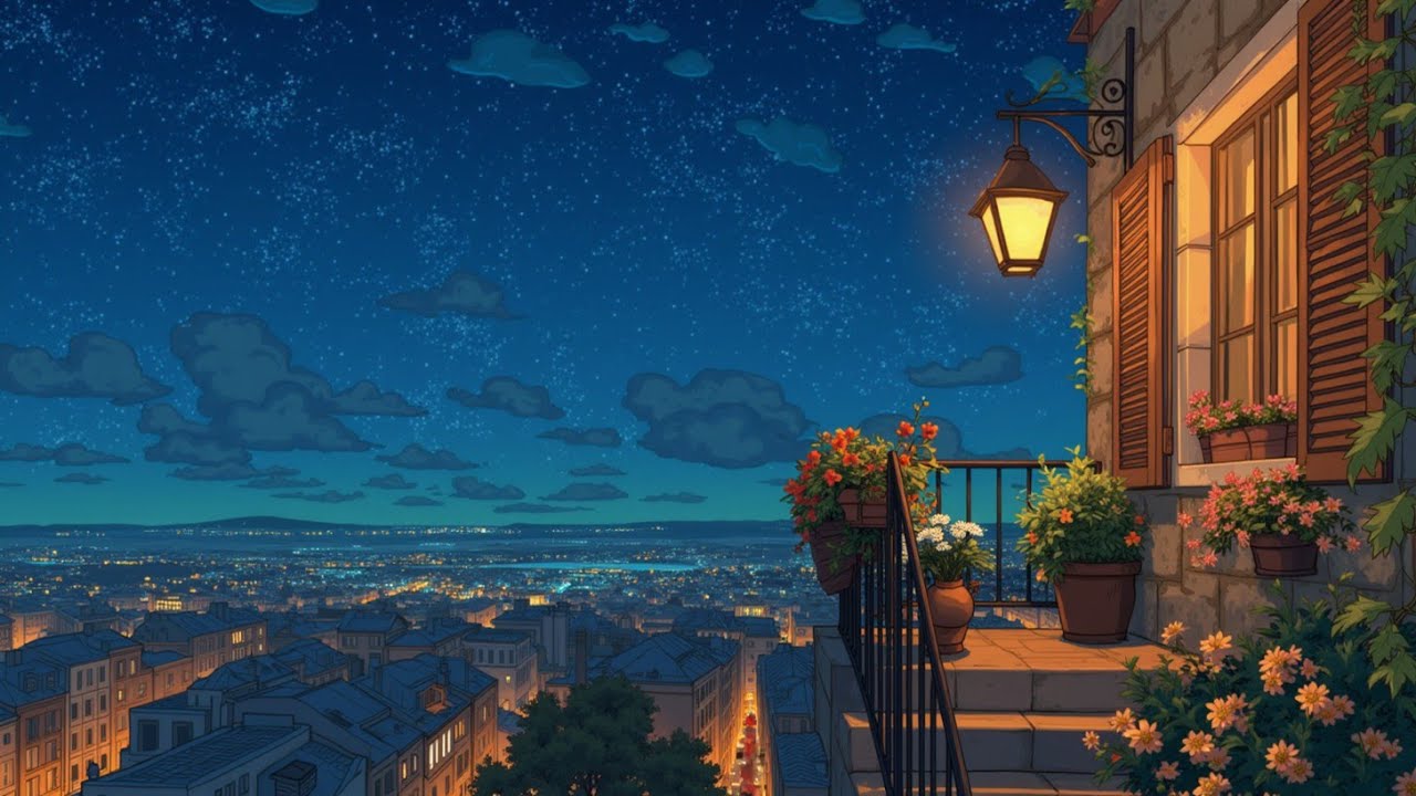 1280x720 Lofi Music for Relaxing Balcony Nights: Ghibli Style Background Music in a Night City