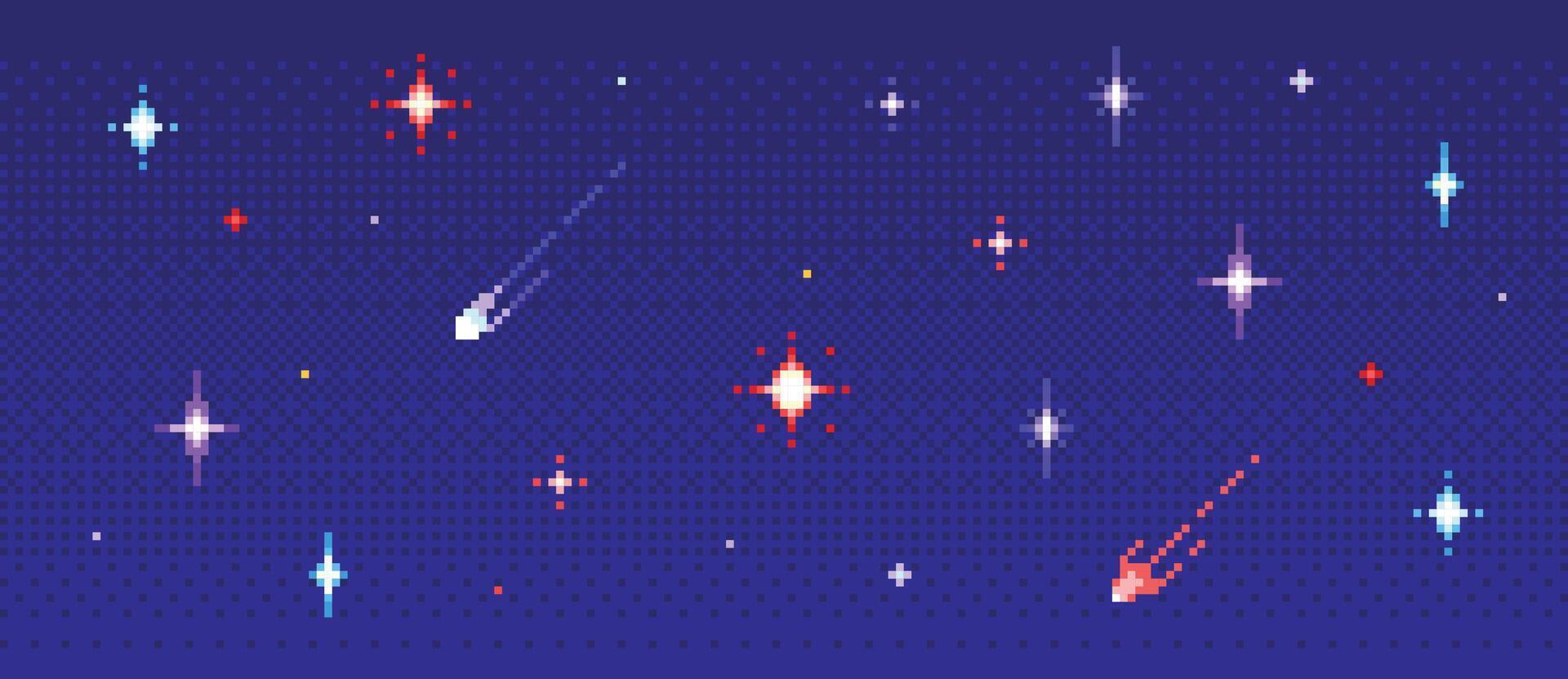 1920x832 Pixel night sky 8bit game background. Arcade space retro pattern with twinkle stars, 16bit universe videogame wallpaper. 2d blue galaxy, meteor, comet. pixelated interstellar starry skyscape