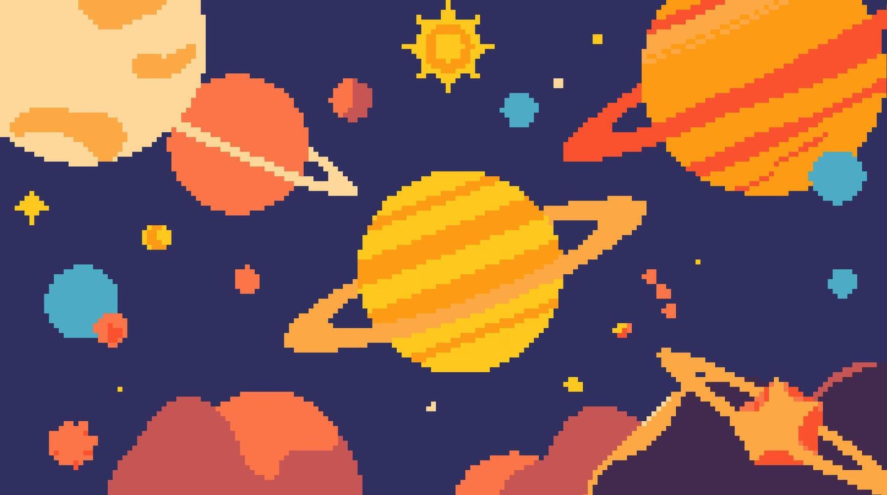 1755x980 Pixel night sky 8bit game background. Arcade space retro pattern with twinkle stars, 16bit universe videogame wallpaper. 2d blue galaxy, meteor, comet. pixelated interstellar starry skyscape