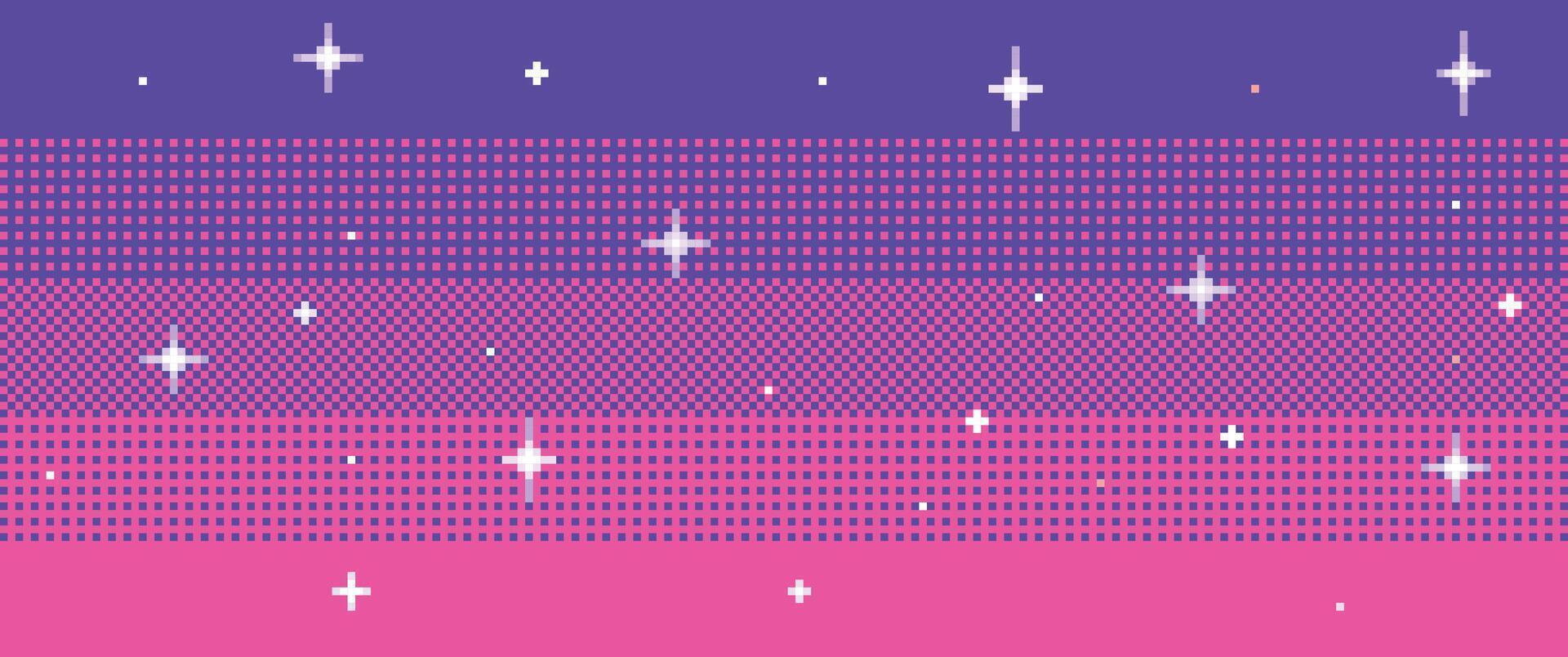 1920x804 Sunset pixel sky. 8bit magic pink star field with dithering, pixelated stars. 80s galaxy interstellar, retro 2D arcade videogame. Vaporwave or synthwave wallpaper universe pattern. background