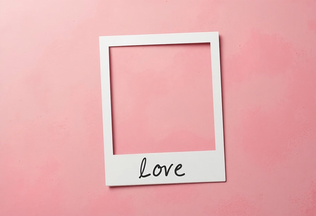 1344x920 Free picture: Empty polaroid frame on a pink background with the handwritten word Love written on the bottom edge, romantic template for engagements or Valentine's Day
