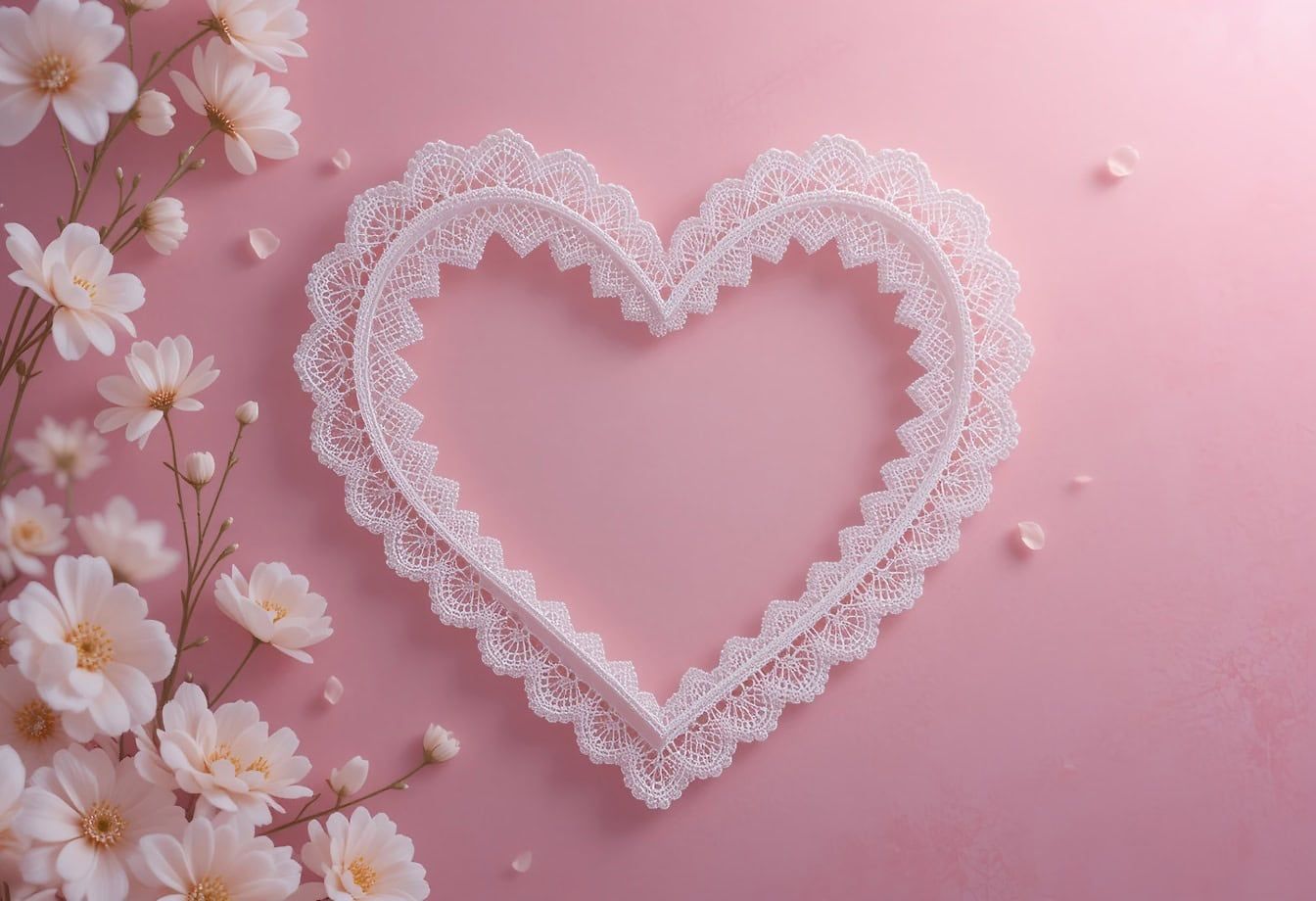 1344x920 Free picture: Heart shaped frame in a style of embroidery, crocheting, an imperishable romantic design n pinkish background
