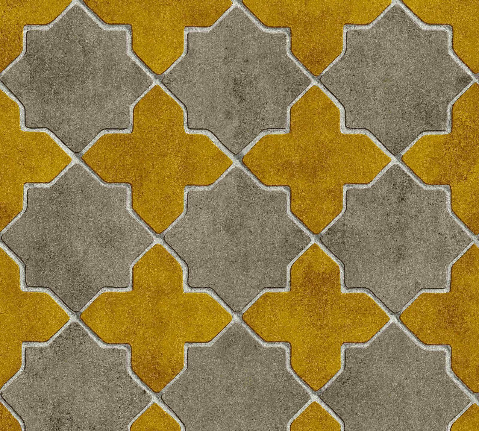 1600x1440 Non Woven Wallpaper Tile Look Yellow Taupe 37421 2