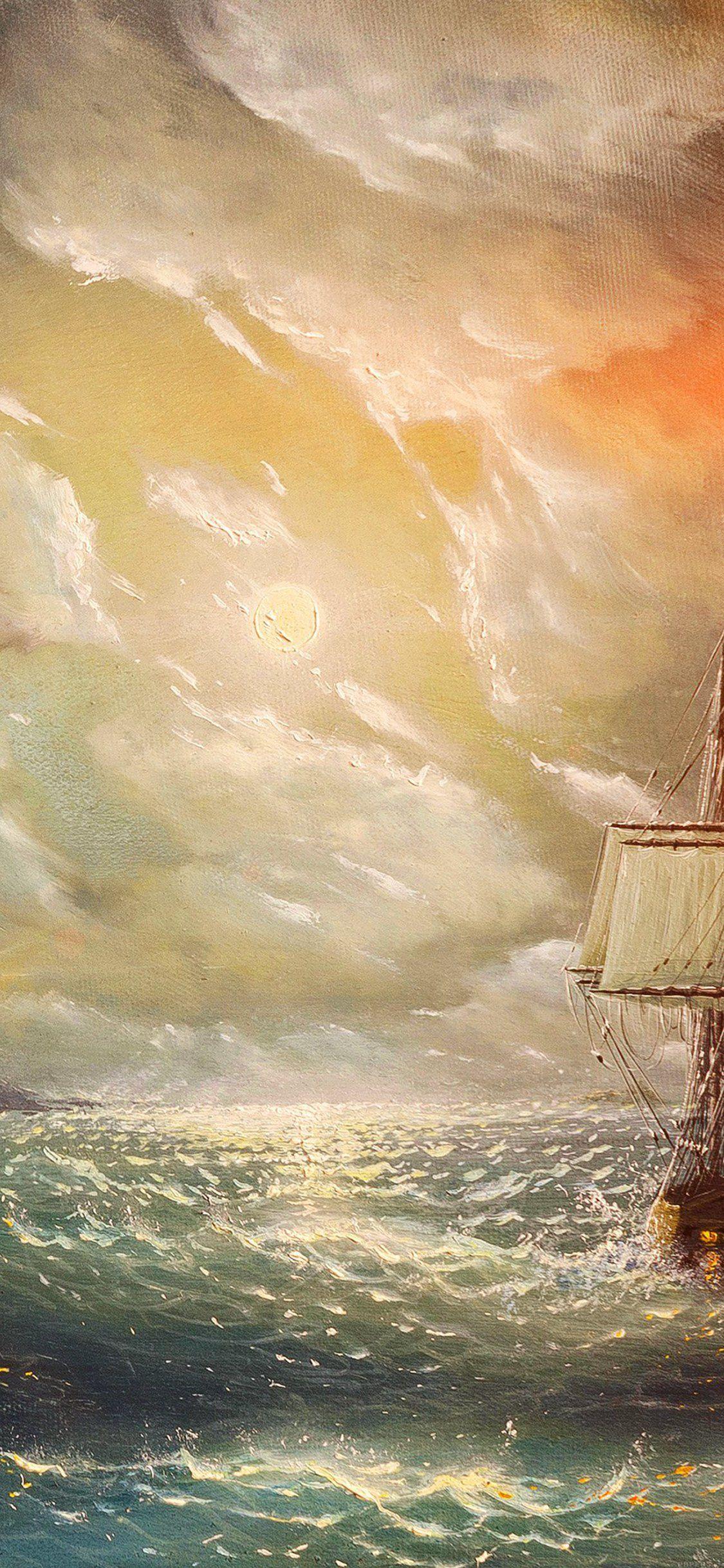1125x2436 Painting Sea Wave Red Sun Boat Illust Art iPhone X Wallpaper Free Download