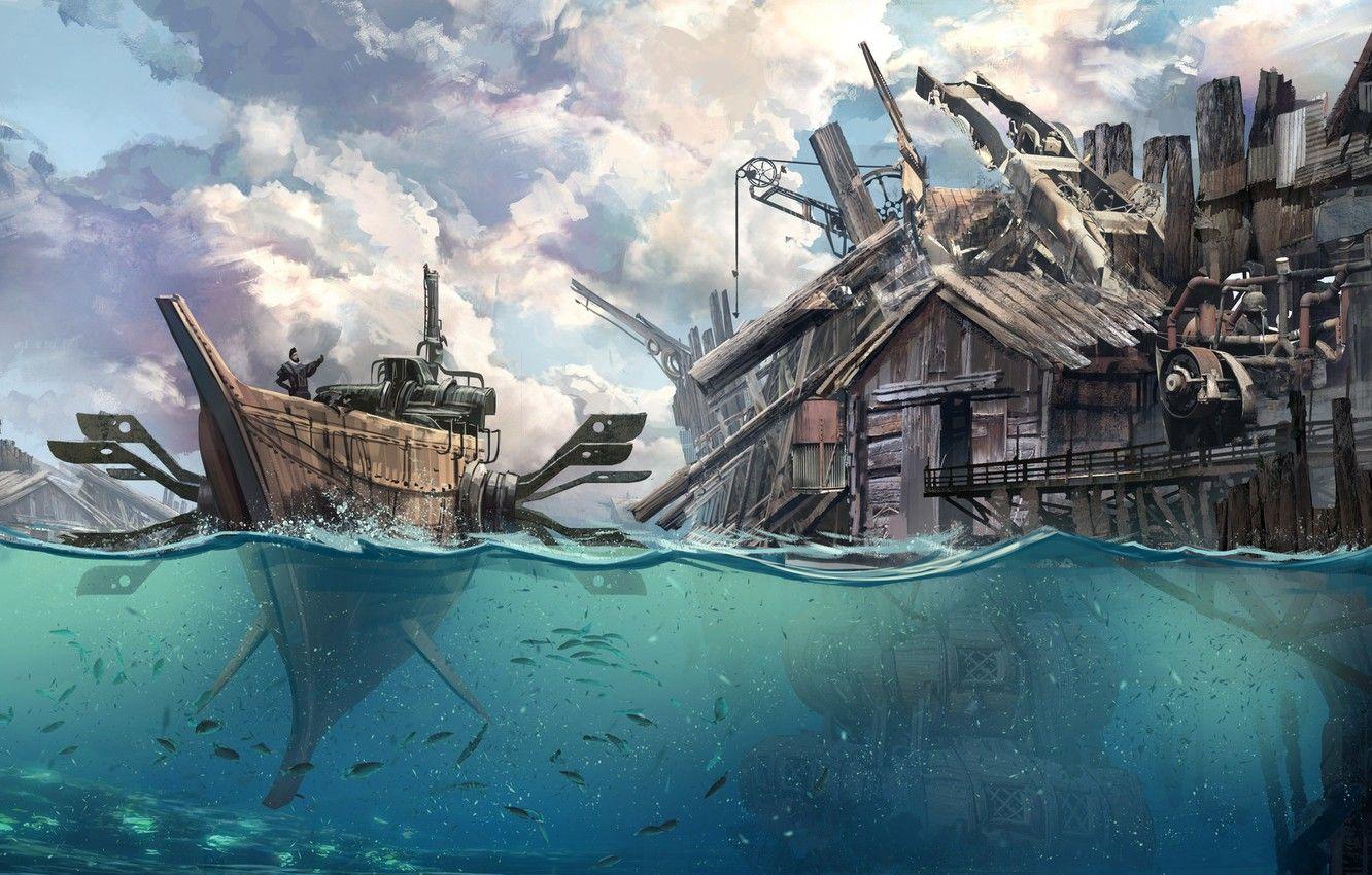 1332x850 Wallpaper Water, Sea, Figure, The city, Boat, Ship, Building, Fantasy, Art, Fiction, Concept Art, Steampunk, Steampunk, Ship, Thomas Chamberlain, Card Chronicles image for desktop, section фантастика