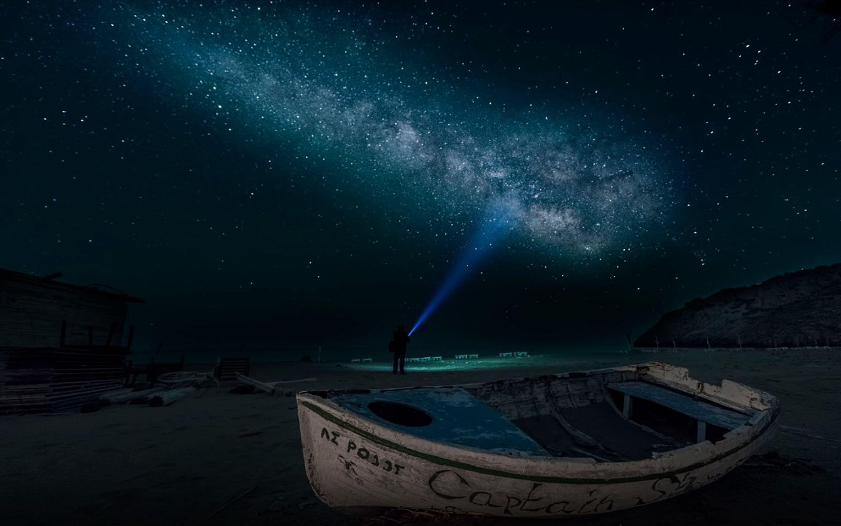 2880x1800 Sandy Beach At Night Time Boat Sky Star .