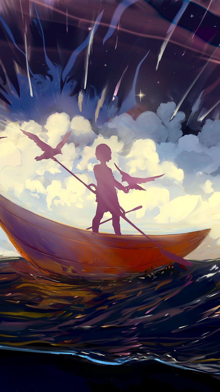 938x1668 Download Wallpaper 938x1668 Silhouette, Boat, Art, Storm, Birds, Lonely Iphone 8 7 6s 6 For Parallax HD Background
