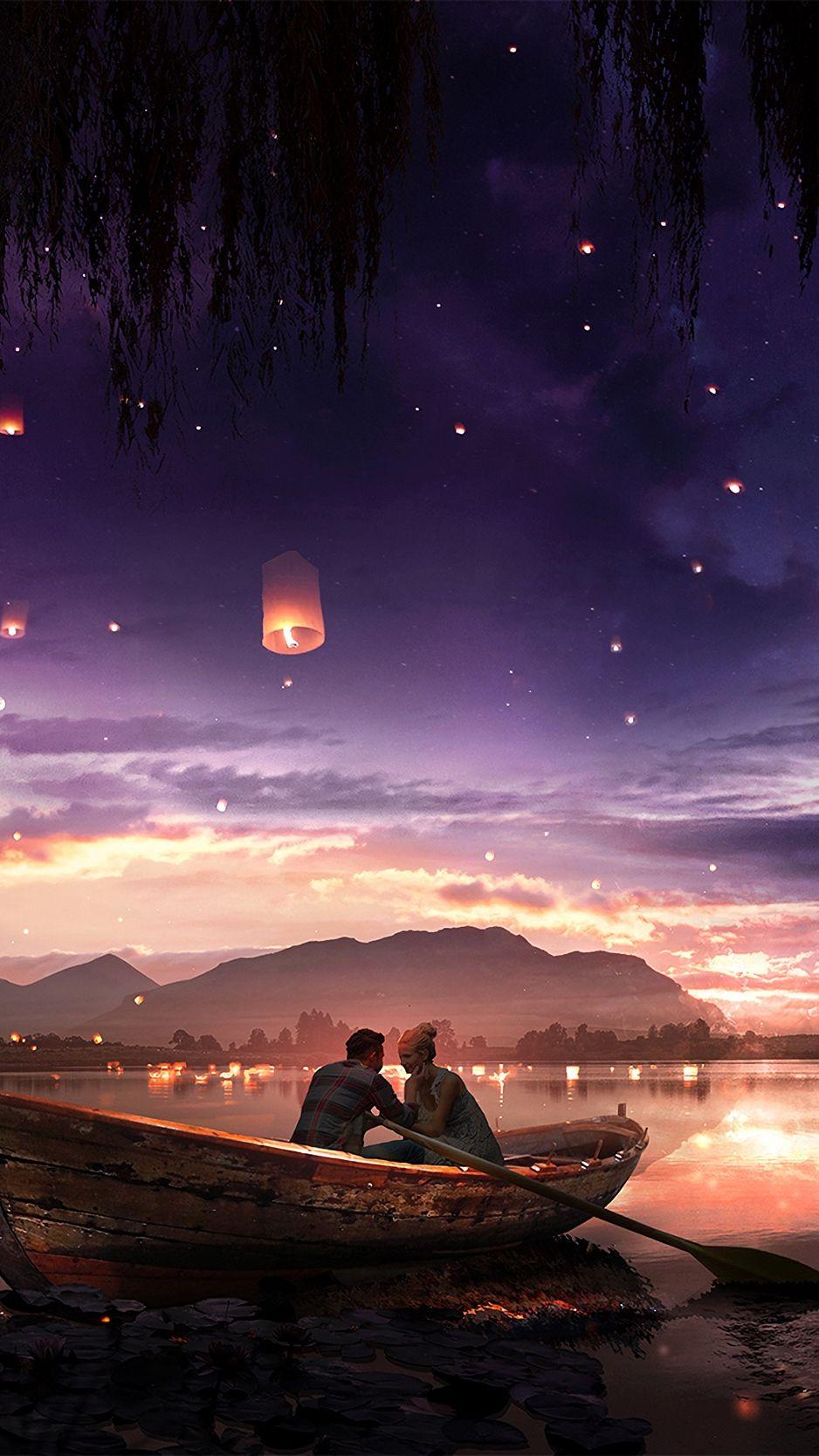938x1668 Wallpaper Boat, Couple, Stars, Night, Romance, Art In Boat Night
