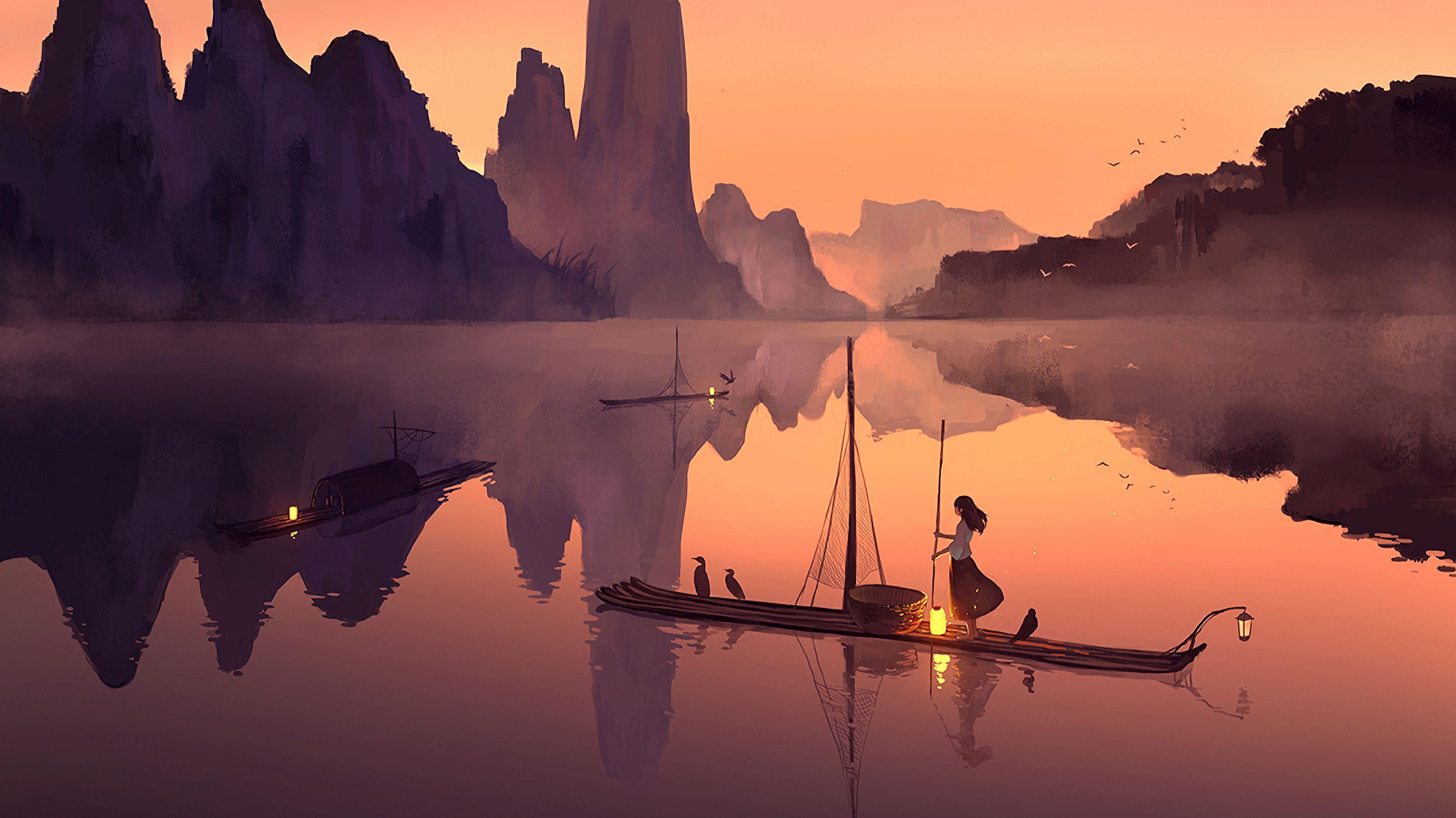 3840x2160 Wallpaper 4k Girl Boat Valley Birds Evening Sale 4k 4k Wallpaper, 5k Wallpaper, Artist Wallpaper, Artwork Wallpaper, Boat Wallpaper, Digital Art Wallpaper, Hd Wallpaper, Nature Wallpaper