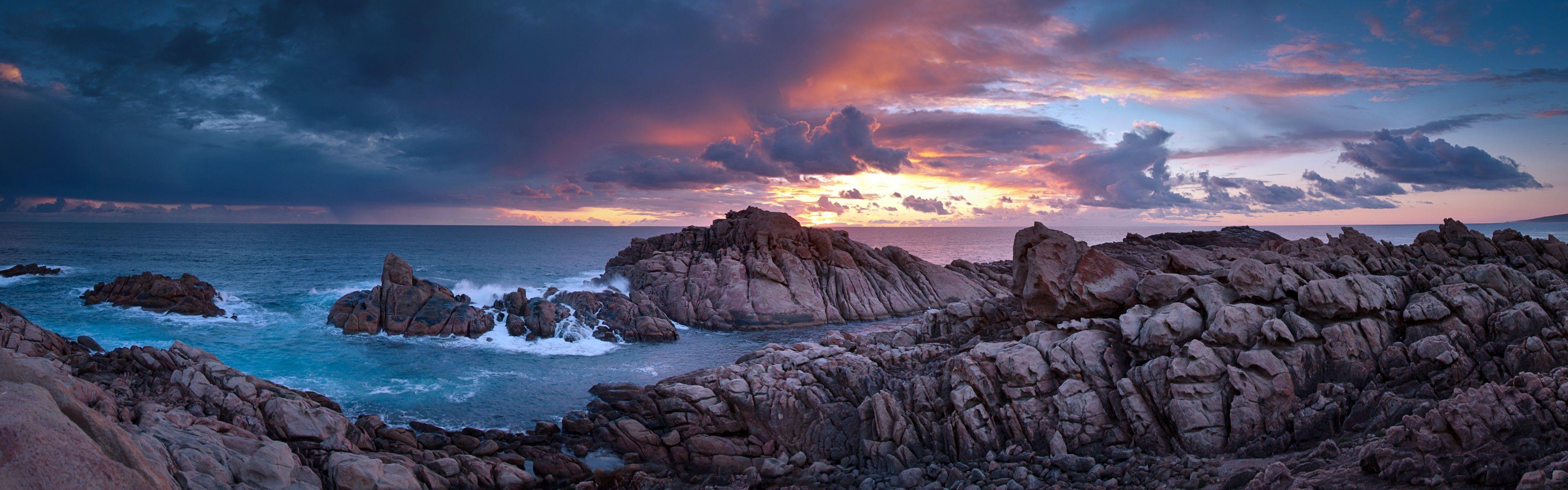 3840x1200 Sunset Time Canal Rocks Western Australia Nature HD Nature Wallpaper Yellingup