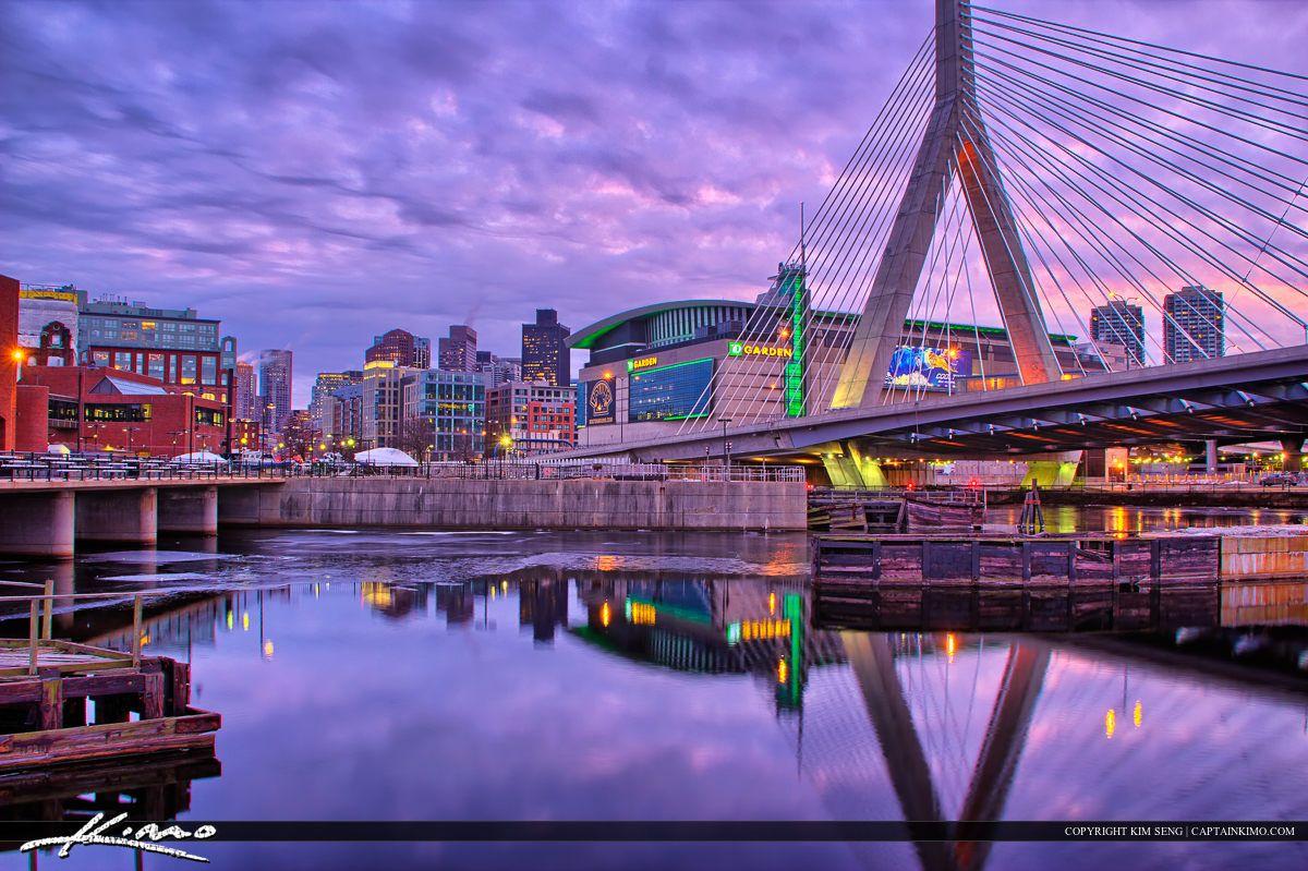 1200x799 Boston City Downtown Bunker Hill Bridge Purple Sky. HDR Photography