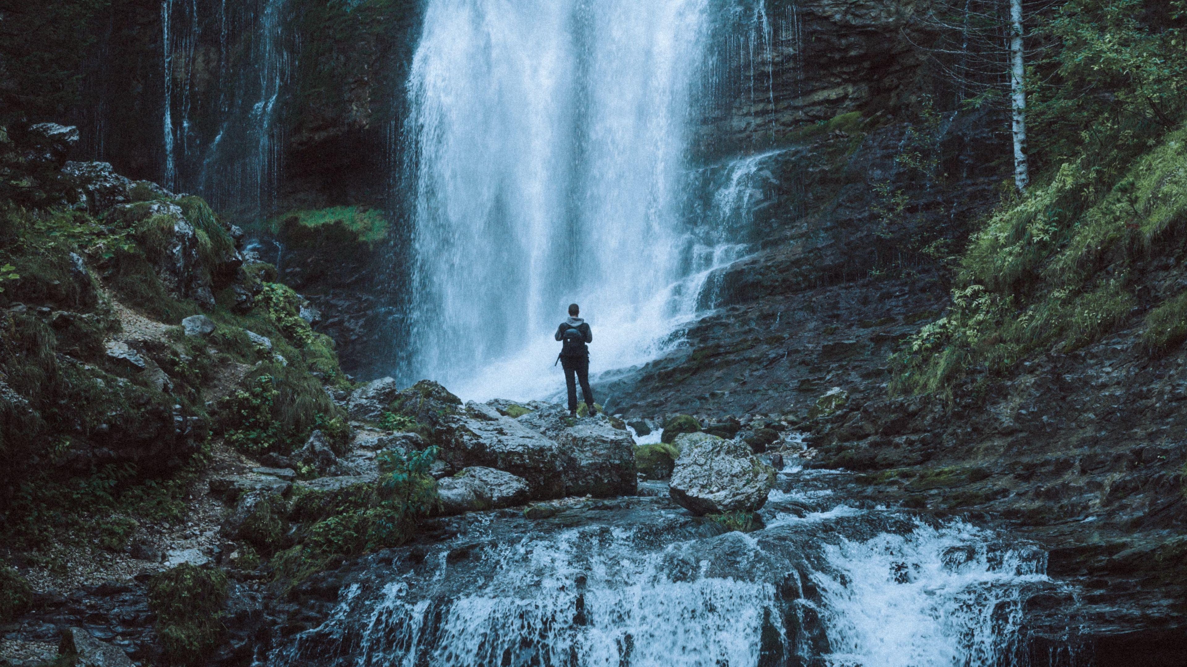 3840x2160 Download wallpaper 3840x2160 waterfall, man, alone, nature 4k uhd 16:9 HD background