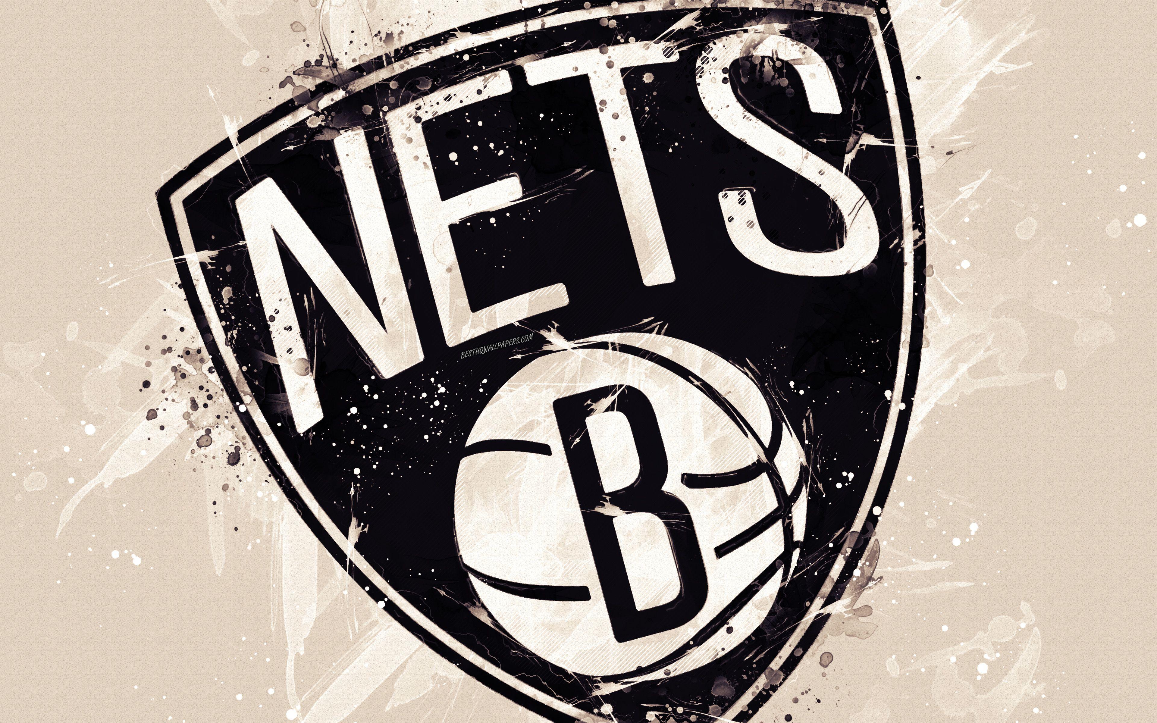 3840x2400 Download wallpaper Brooklyn Nets, 4k, grunge art, logo, american basketball club, white grunge background, paint splashes, NBA, emblem, Brooklyn, New York, USA, basketball, Eastern Conference, National Basketball Association for desktop with resolution