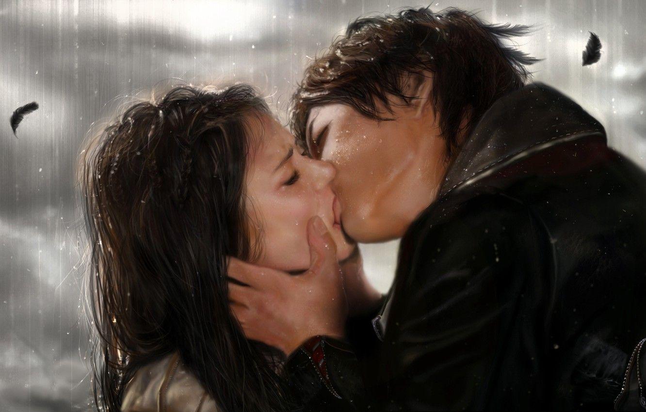 1332x850 Wallpaper love, rain, kiss, the series, The Vampire Diaries, Elena, Damon image for desktop, section фильмы