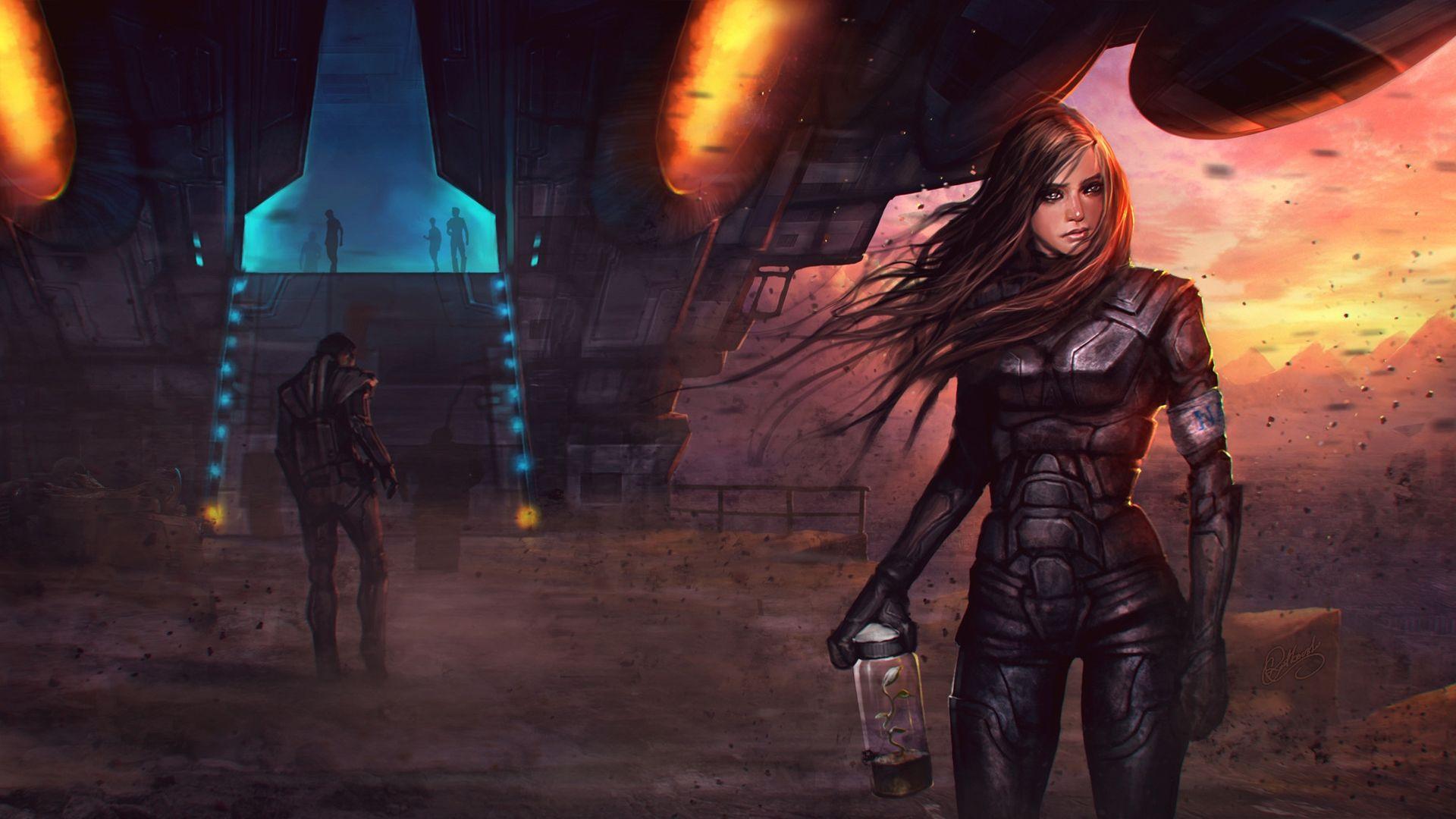 1920x1080 Women, Sunset, Post Apocalyptic, Apocalypse, Armor, Spaceships, Science Fiction, Artwork, Power Suit, Female Soldiers Wallpaper