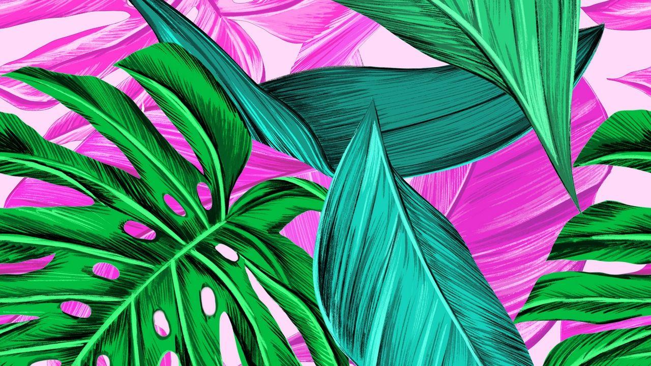 1280x720 Wallpaper bright tropical leaves pattern
