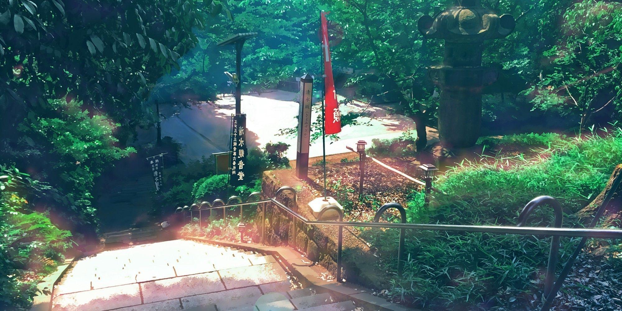 2000x1000 Download 2000x1000 Anime Landscape, Stairs, Realistic, Park Wallpaper