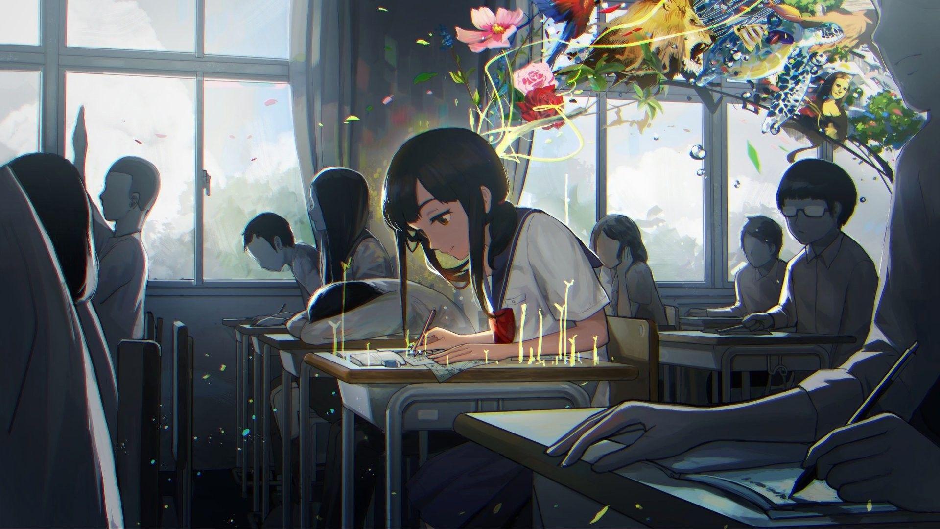 Anime School, book, School, desk, Anime, HD wallpaper