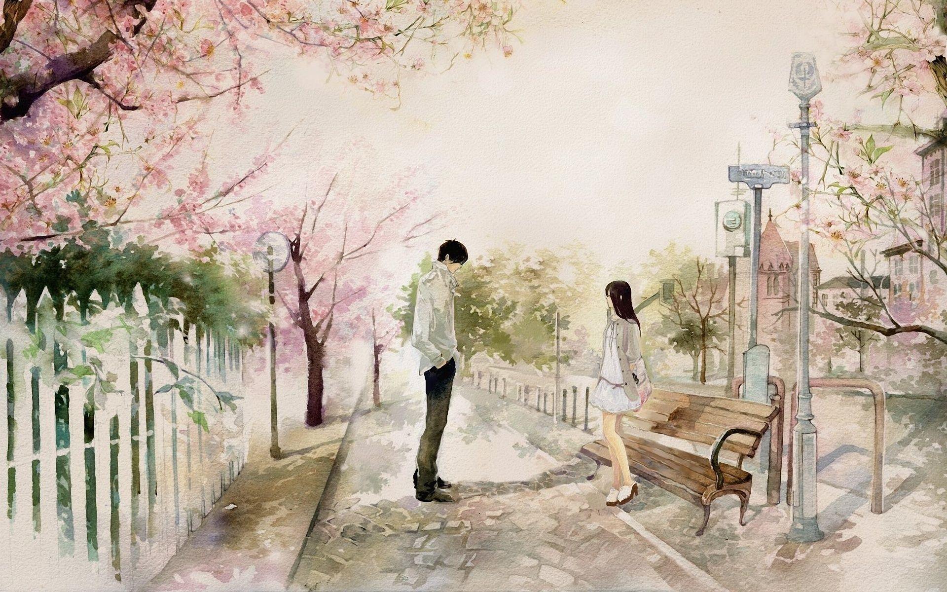 1920x1200 anime, bench, park, date, couple wallpaper