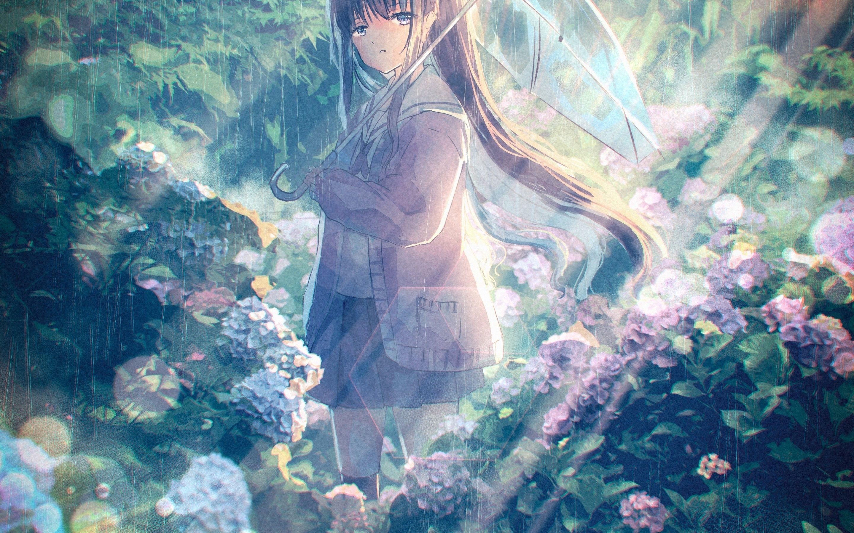 2880x1800 Download 2880x1800 Anime Girl, School Uniform, Raining, Umbrella, Park, Plants, Sweater Wallpaper for MacBook Pro 15 inch