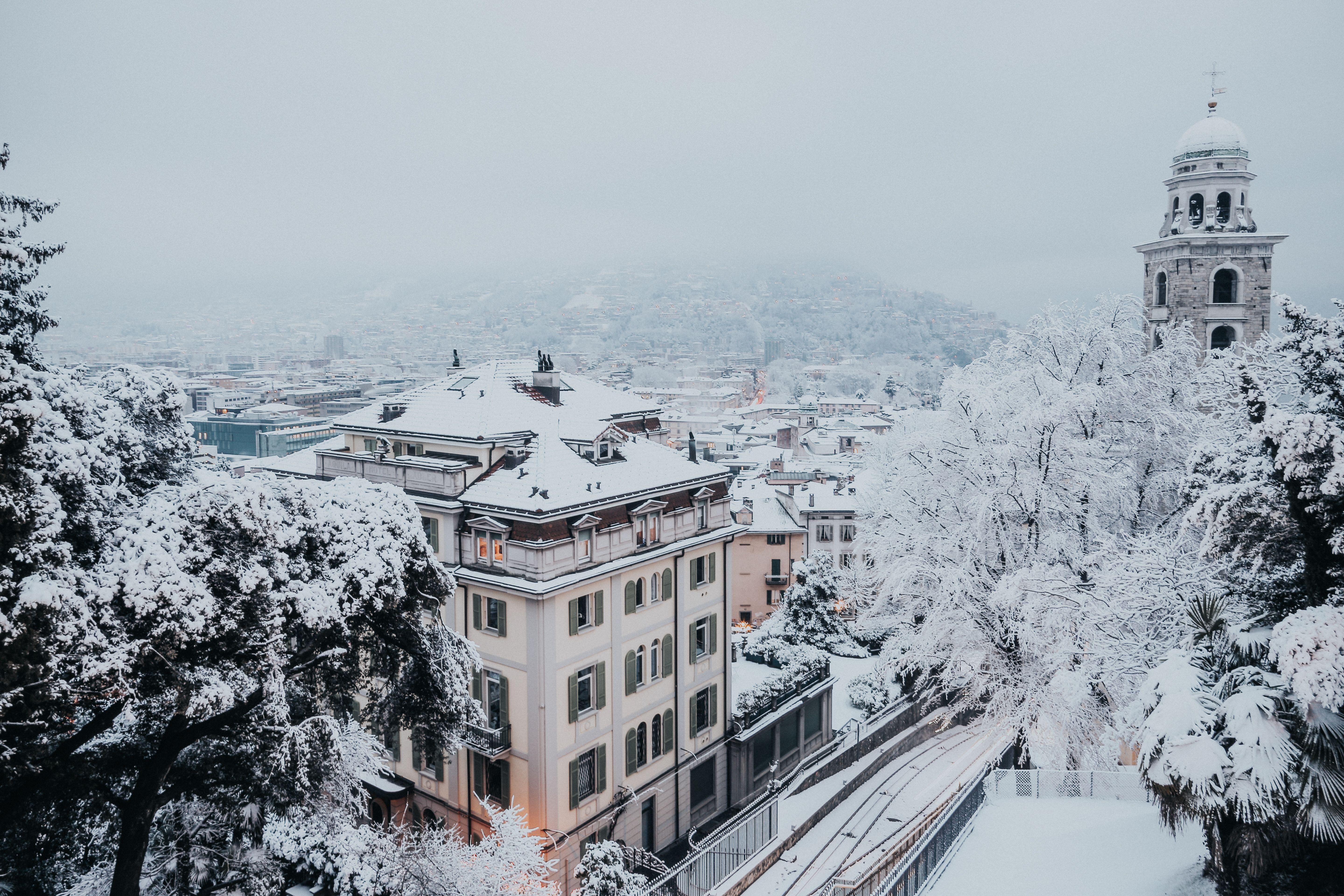 5760x3840 Bird's Eye View of Snowy Town · Free