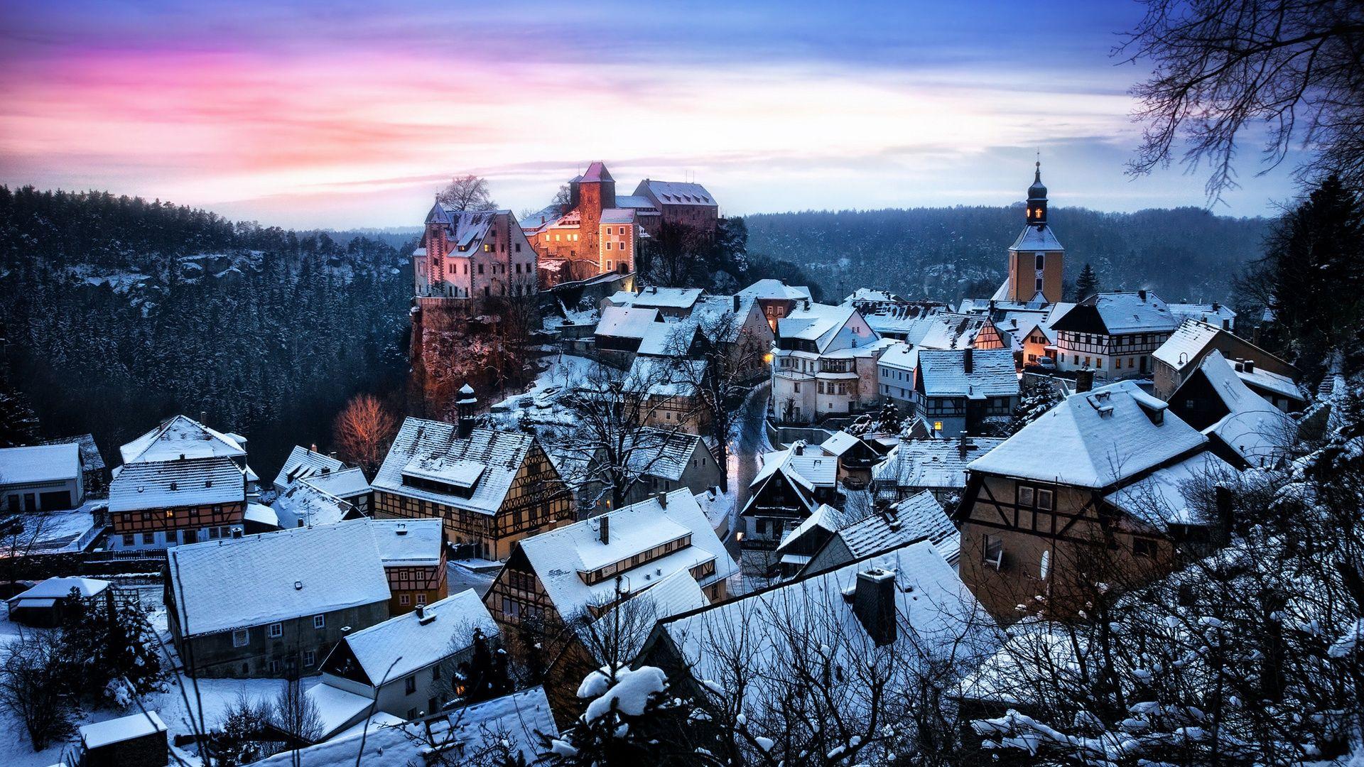 1920x1080 Wallpaper Germany, Saxony, Honshtayn, castle, houses, winter snow, forest, trees, sunset 1920x1200 HD Picture, Image