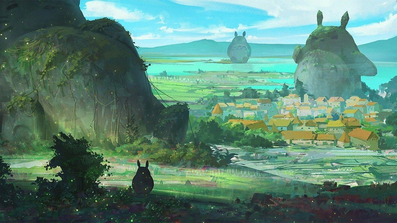 1366x768 Download 1366x768 Totoro, Village, Painting, Mountain, Statue Wallpaper for Laptop, Notebook