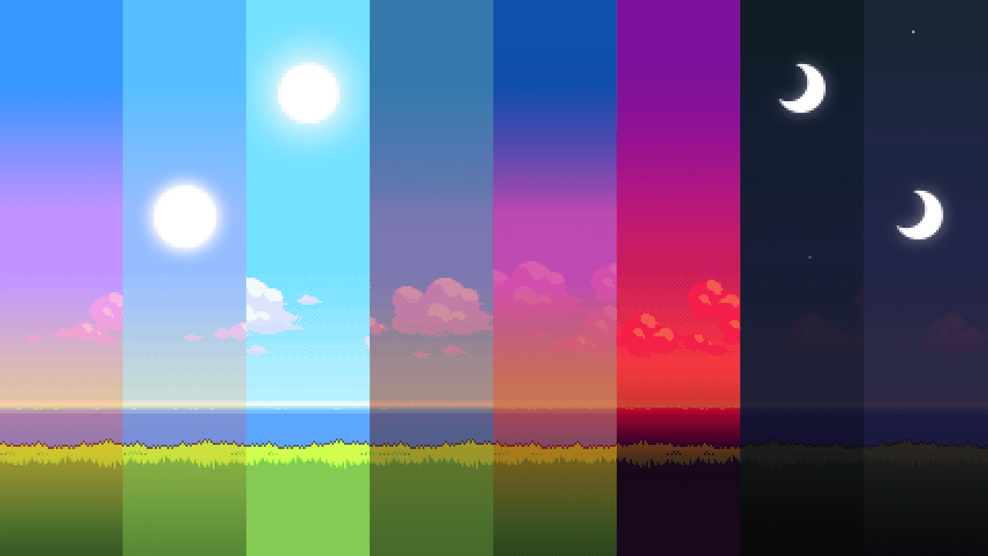1920x1080 UPDATE: New version of the '8Bit Day' Wallpaper Set. Pixel wallpaper changes based on time of day! [Download different resolutions and installation instructions in comments.]