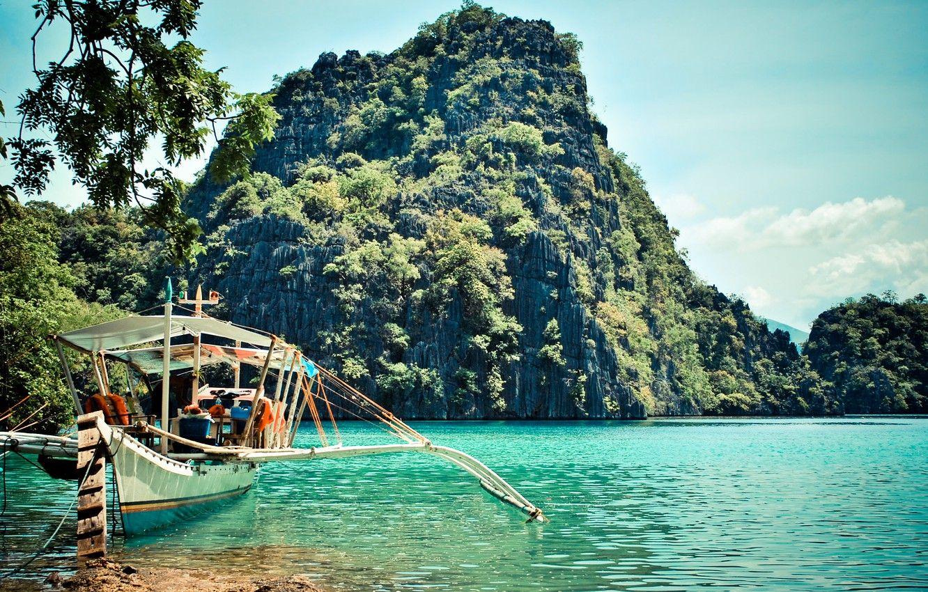 1332x850 Wallpaper the ocean, rocks, coast, boat, Laguna, Philippines, Palawan, Coron image for desktop, section пейзажи