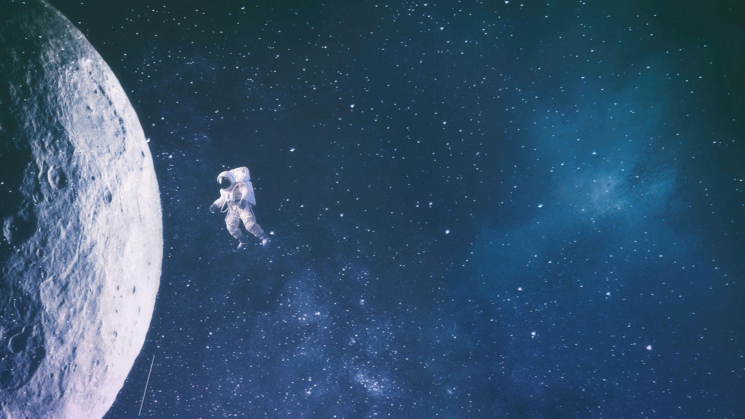 2560x1440 Download wallpaper 2560x1440 silhouette, astronaut, space, starry sky, view widescreen 16:9 HD background