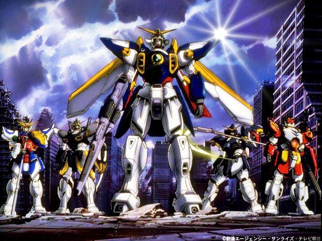 1024x768 L to R, Shenlong, Sandrock, Wing, Deathsythe and Heavyarms of Gundam Wing. Gundam wing, Mobile suit gundam wing, Gundam