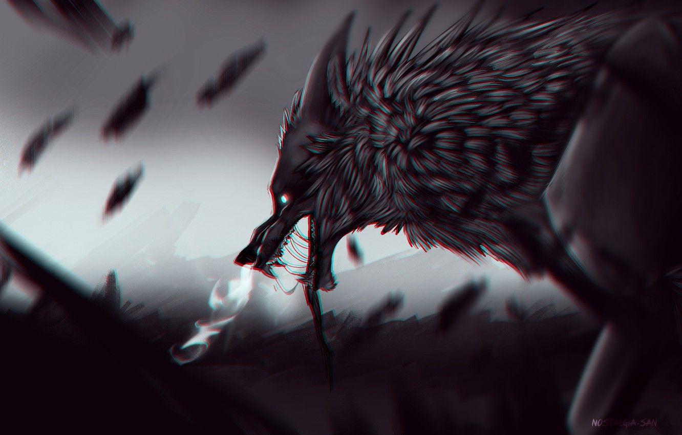 1332x850 Wallpaper night, fog, wolf, predator, wool, mouth, fangs, werewolf, hunger, art, drool, werevolf, burning eyes, evil eye, mater, Straykage image for desktop, section фантастика